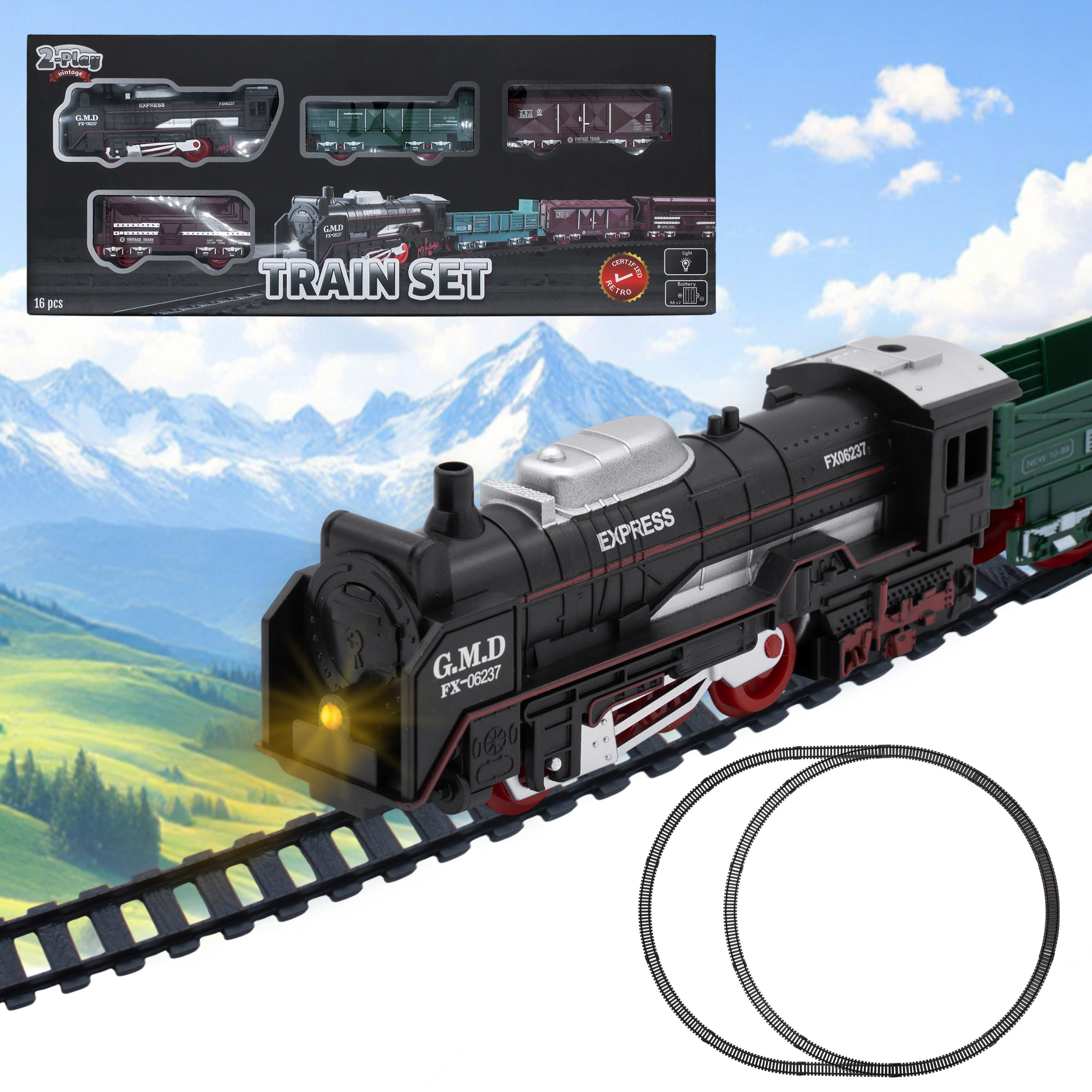 Elektrische Spielzeug Eisenbahn inklusive Schienen - 16-teilig - Zug Komplett Set mit Lokomotive Waggons und Gleisen