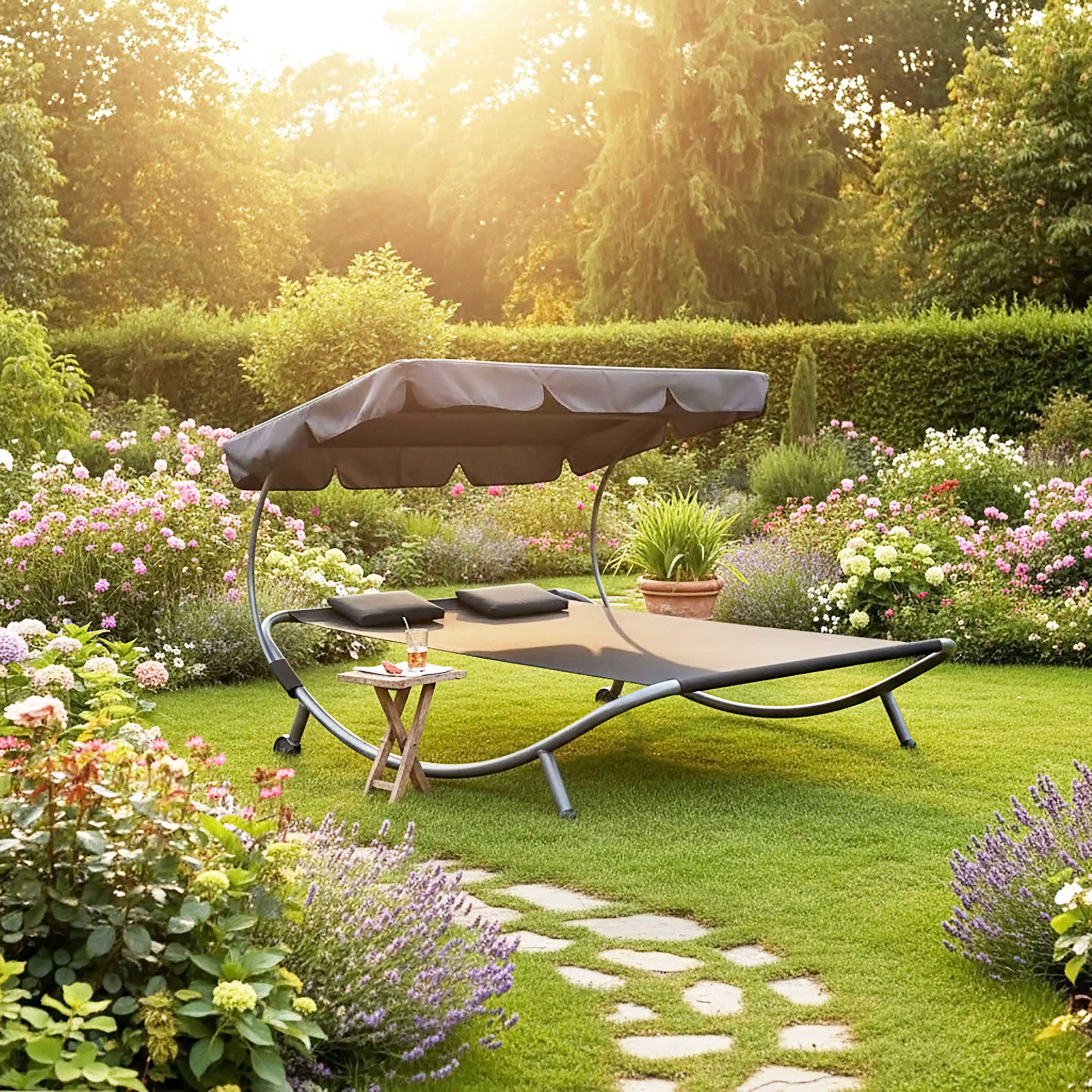 Doppel Sonnenliege mit Dach 199 x 174 cm - schwarz - XXL Liege mit mit verstellbarem Sonnendach belastbar bis 260 kg