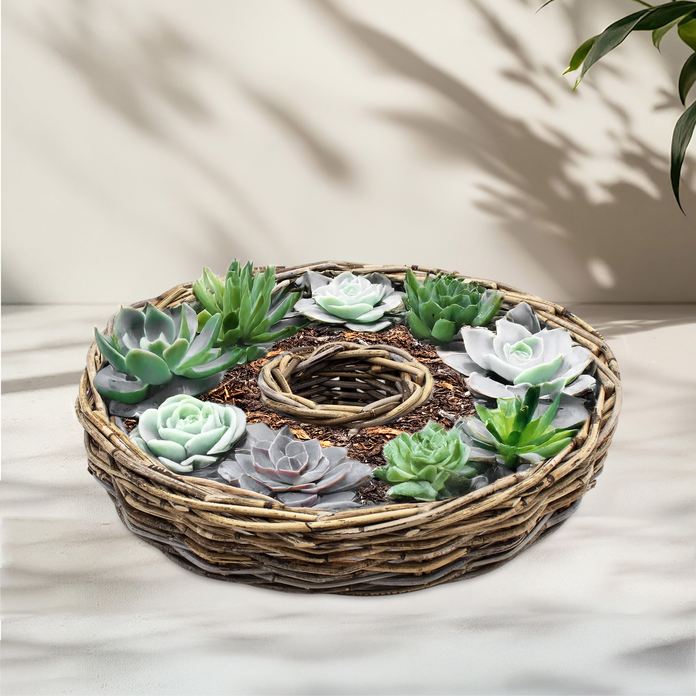 Rattan Blumenschale natur mit Folie - 40 cm - Holz Pflanzring zum direkten Bepflanzen