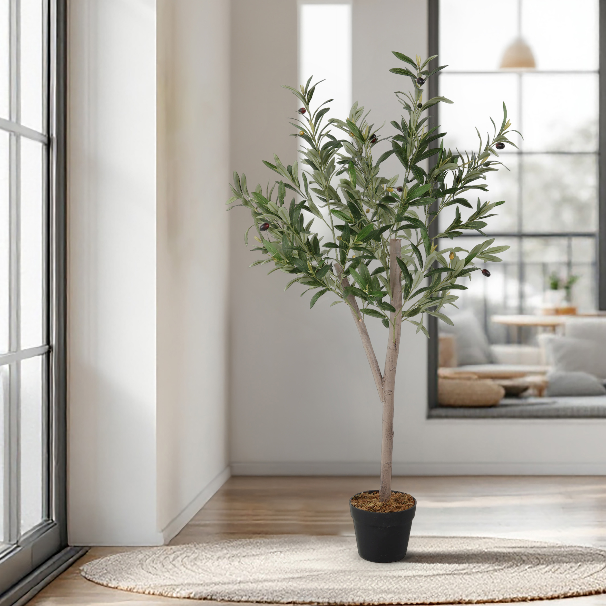 Olivenbaum Kunstpflanze im schwarzen Topf mit 20 Oliven - 120 x 60 cm - Künstlicher Baum im Blumentopf mit 580 Blättern