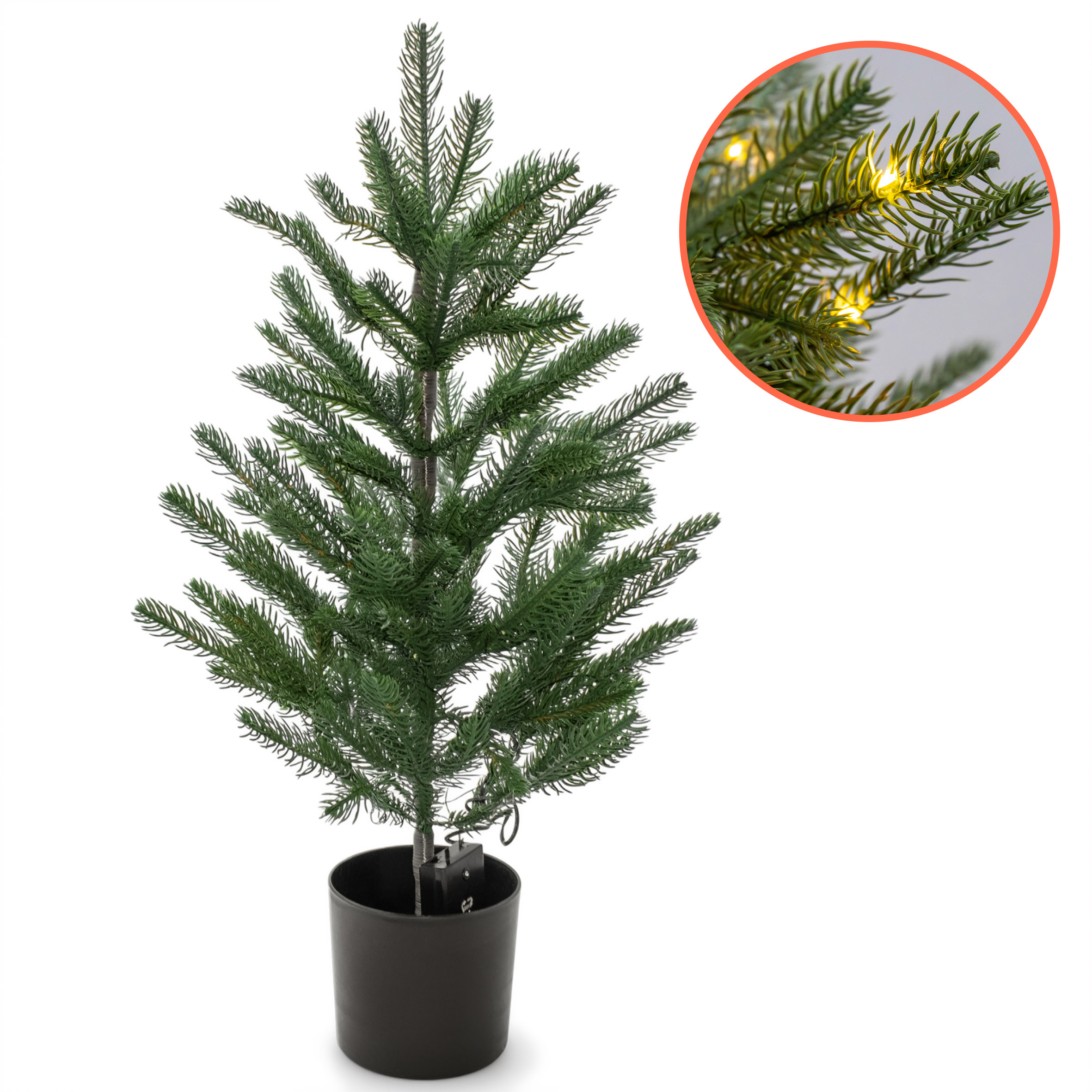 Künstlicher Weihnachtsbaum im Topf 60 cm mit Lichterkette batteriebetrieben - 30 LED - Deko Tannenbaum im Blumentopf warm weiß beleuchtet mit Timer