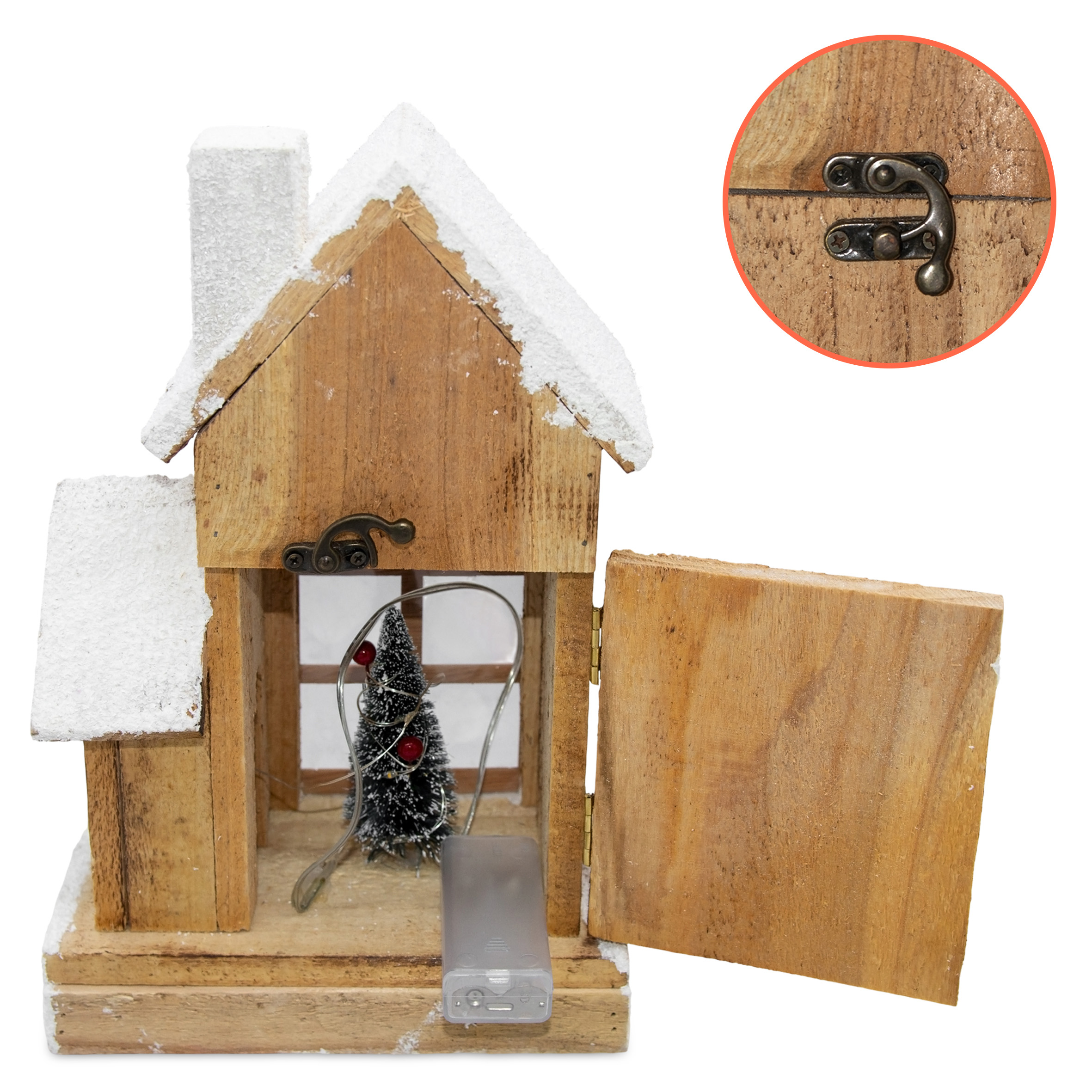 LED Holz Weihnachts Haus mit Schneedach - 29 cm - Lichterhaus Batterie betrieben