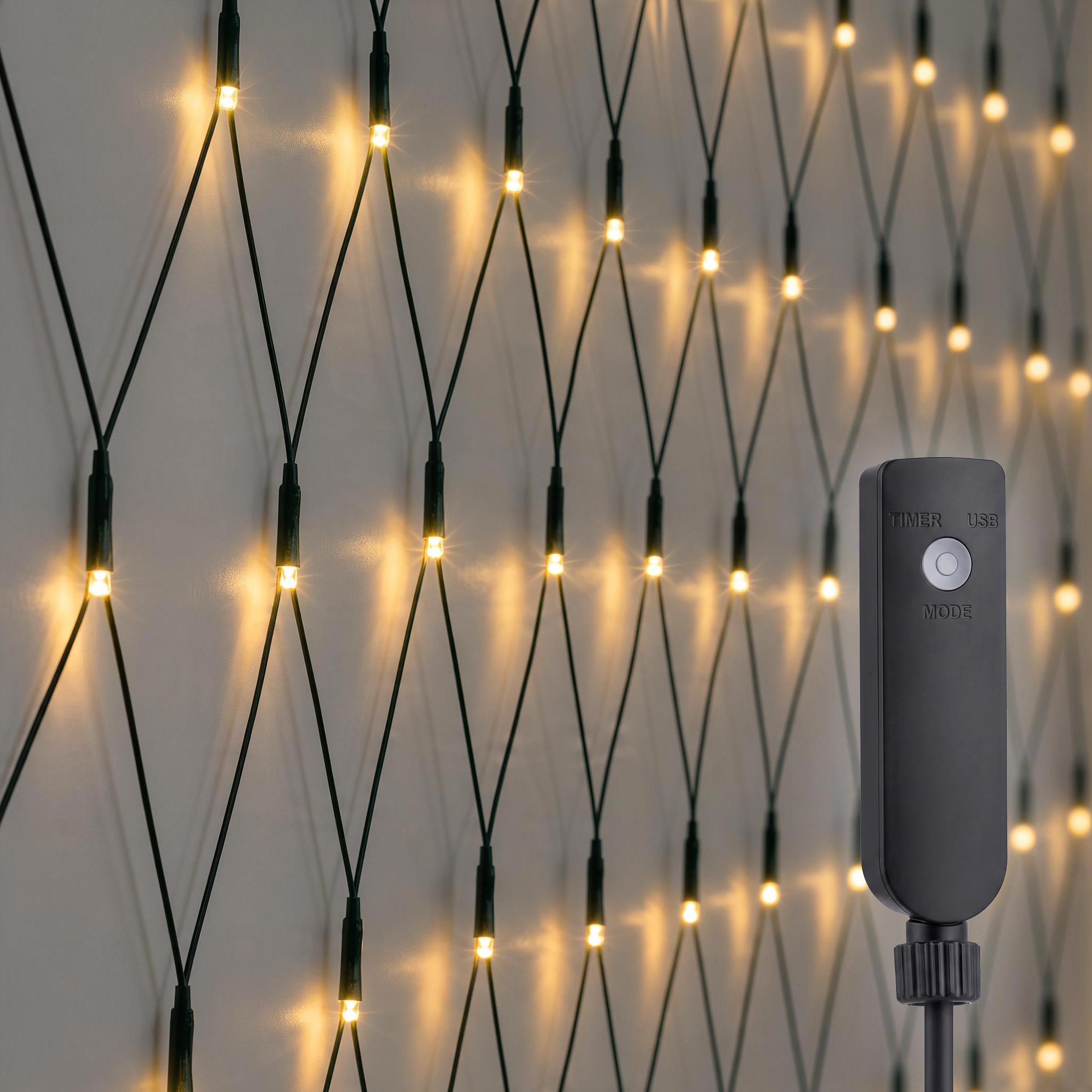 Powerbank Lichternetz 3 x 3 m mit Timer für Außen & Innen - 200 LEDs - Akku Lichtervorhang warm weiß bis 60 Stunden Leuchtdauer mit 8 Funktionen