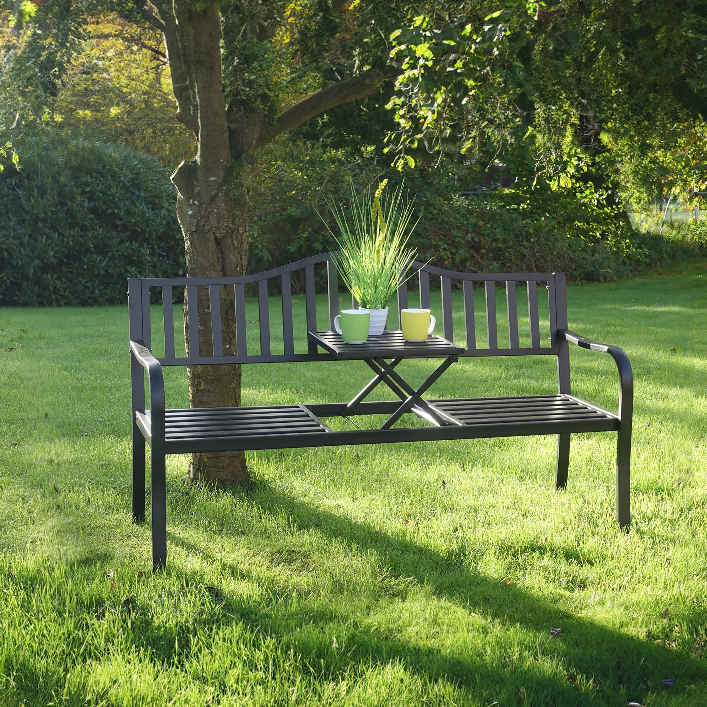Metall Gartenbank mit integriertem Tisch - 150 cm / 3-Sitzer - Sitzbank 2in1 schwarz pulverbeschichtet