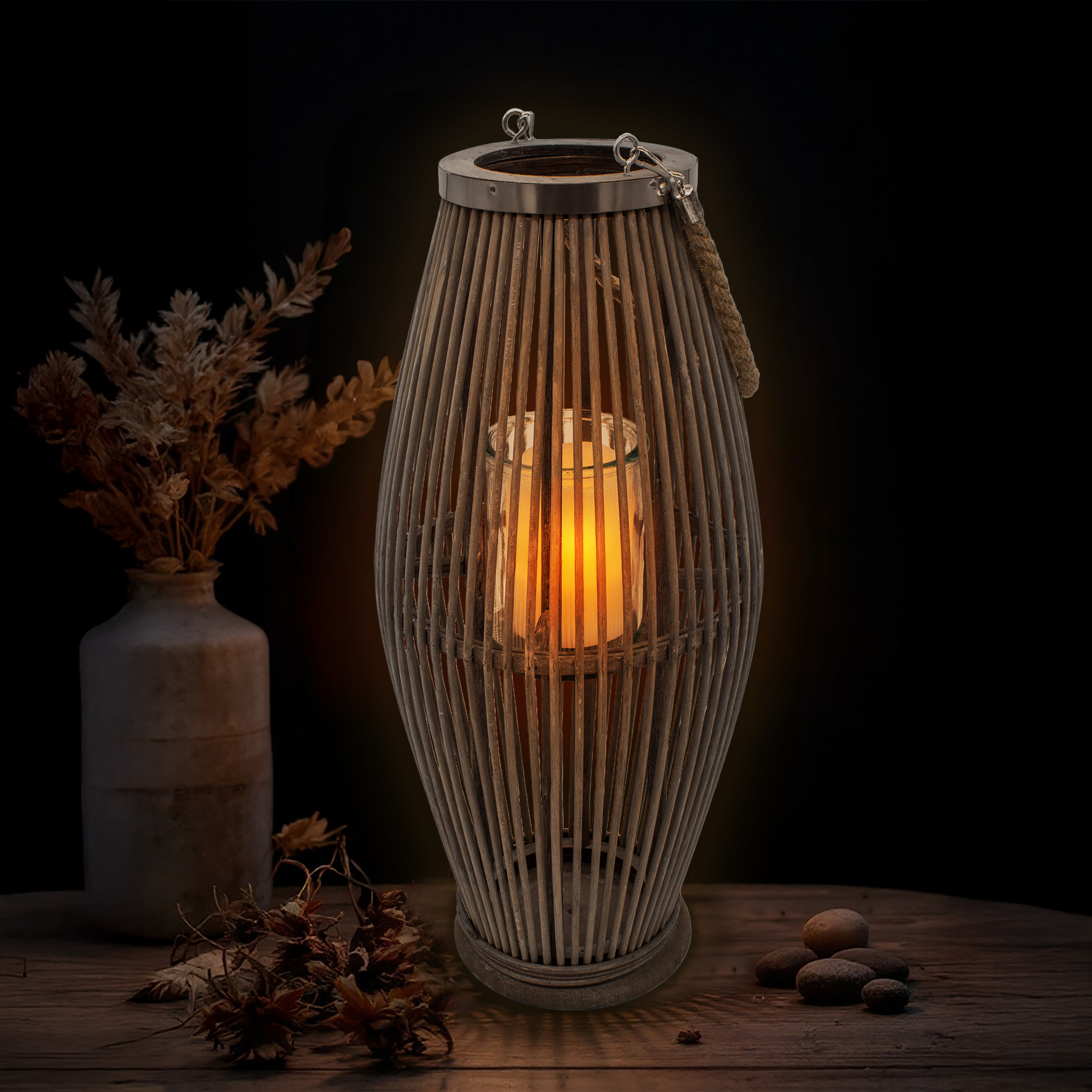 XXL Bambus Laterne shabby grau mit Kerzenglas - 50 x 24 cm - Holz Windlicht mit Jute Seil zum Hängen