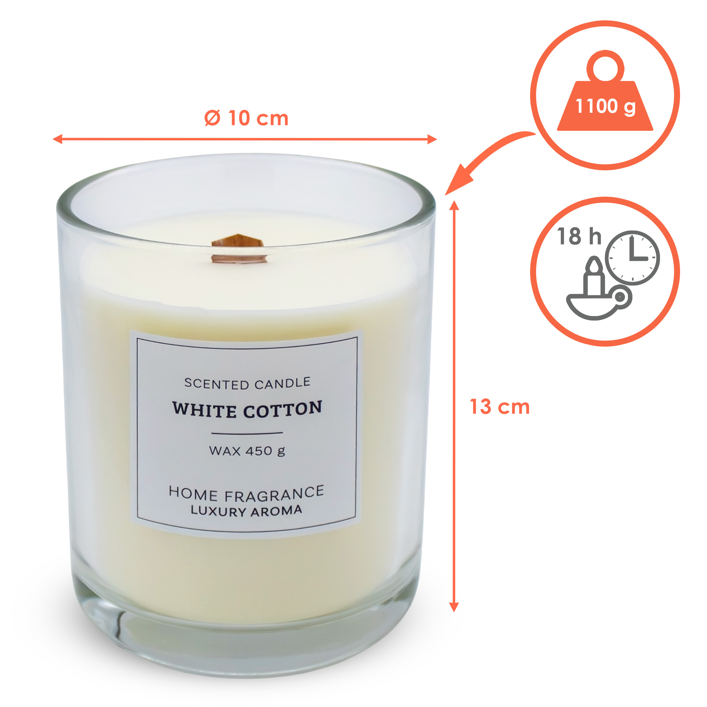 XL Duftkerze im Glas 13 cm mit Knisterdocht - White Cotton Duft - Große Aromakerze 450g Wachs 18 Stunden Brenndauer