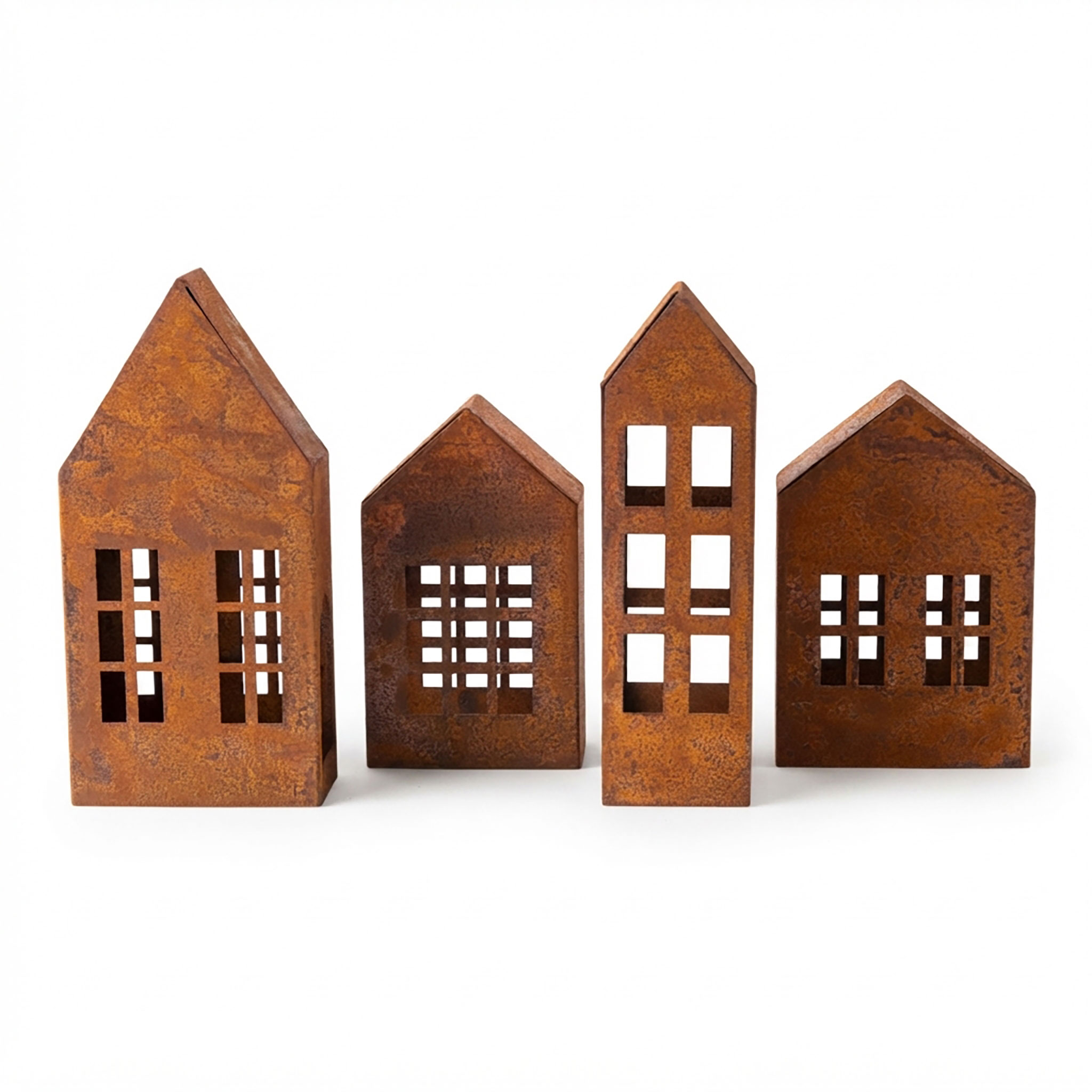 Metall Haus rotbraun mit Edelrost 4er Set - 2x 15 cm | 2x 20 cm - Weihnachtsdorf Teelichthalter mit Rost Patina