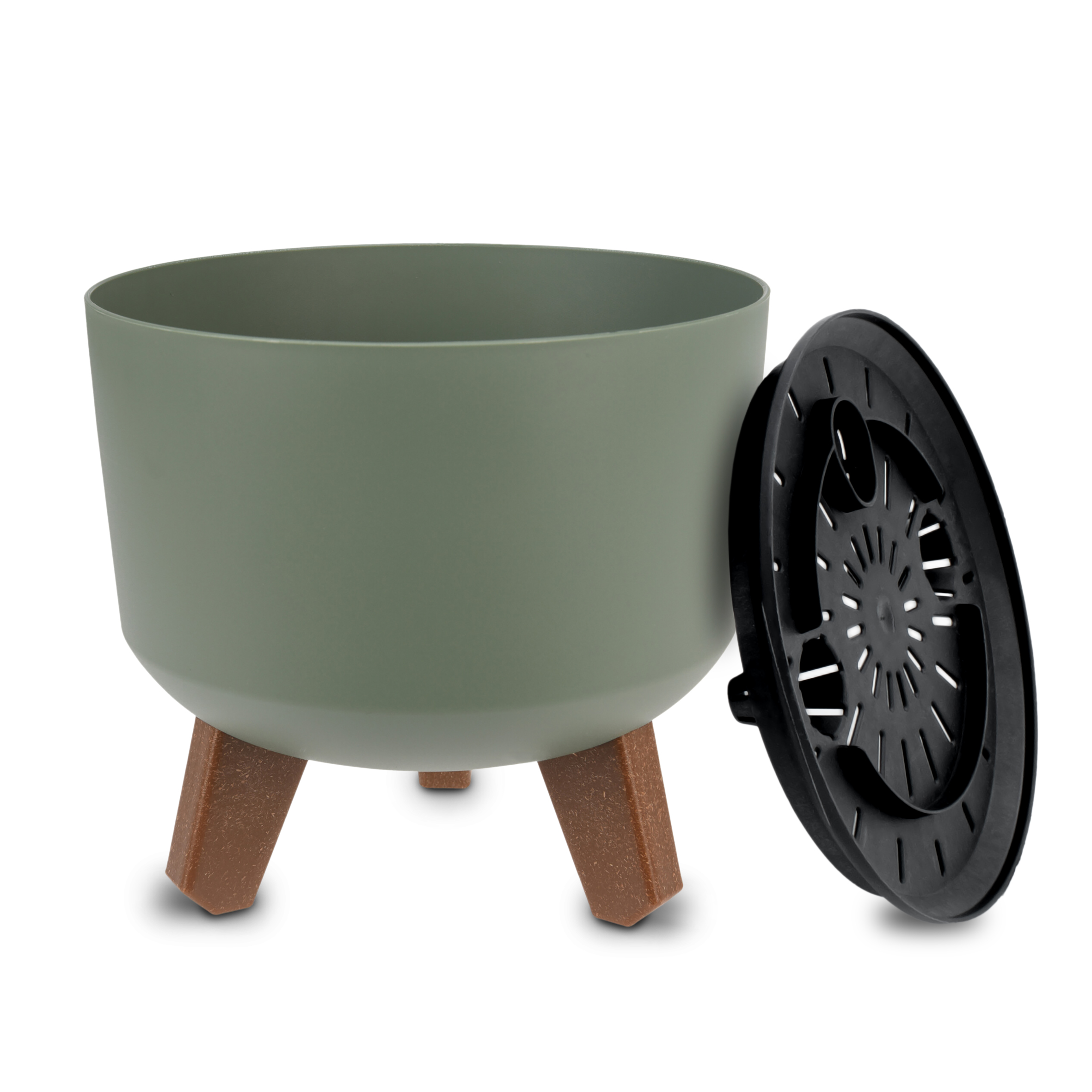 Kunststoff Blumentopf auf Füßen oliv - klein / Ø 19 cm - Pflanztopf rund mit Wasserspeicher Boden