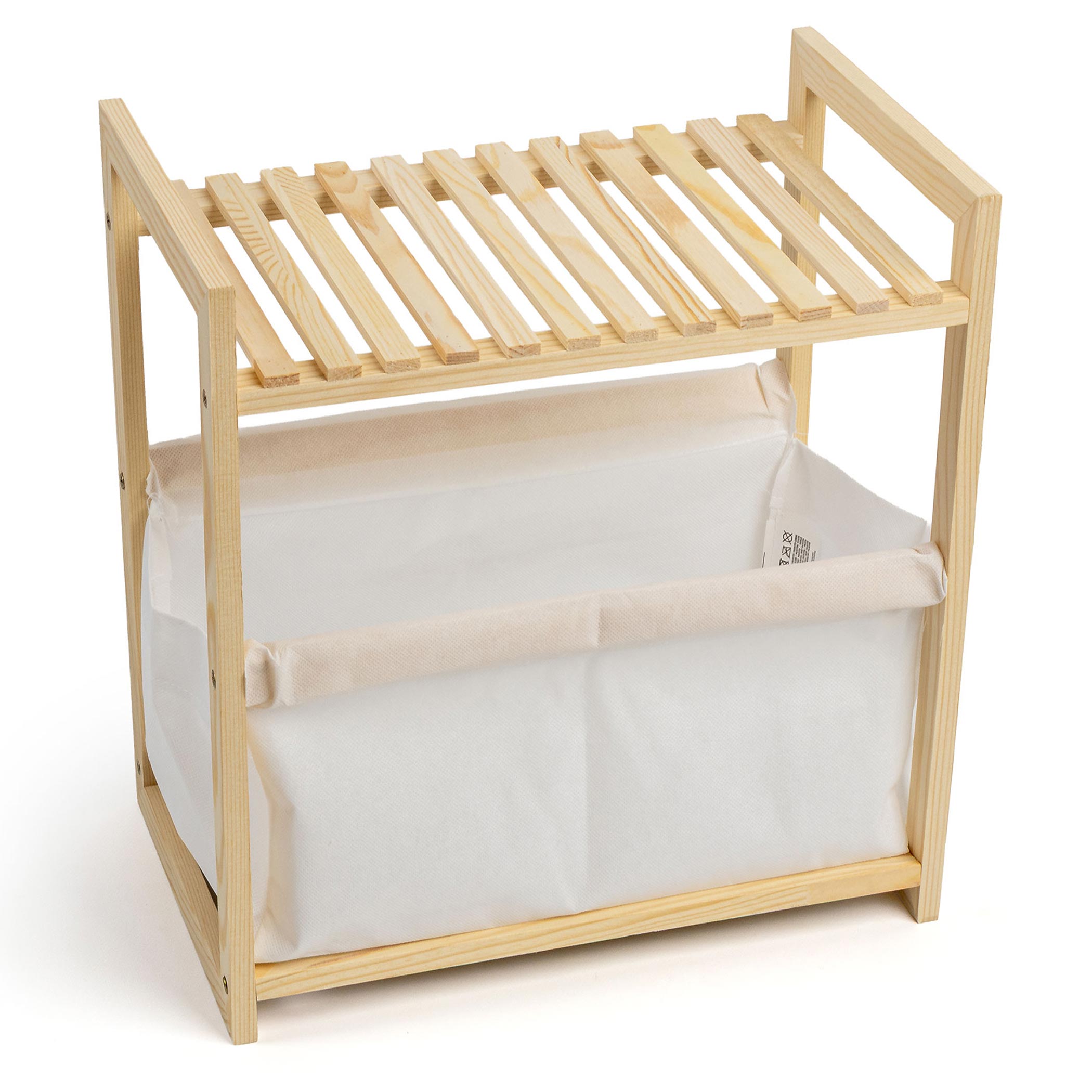 Holz Badezimmerregal natur mit Stoffkorb - 39 x 36 cm - Standregal im Scandi-Design klein mit Ablage und Korb