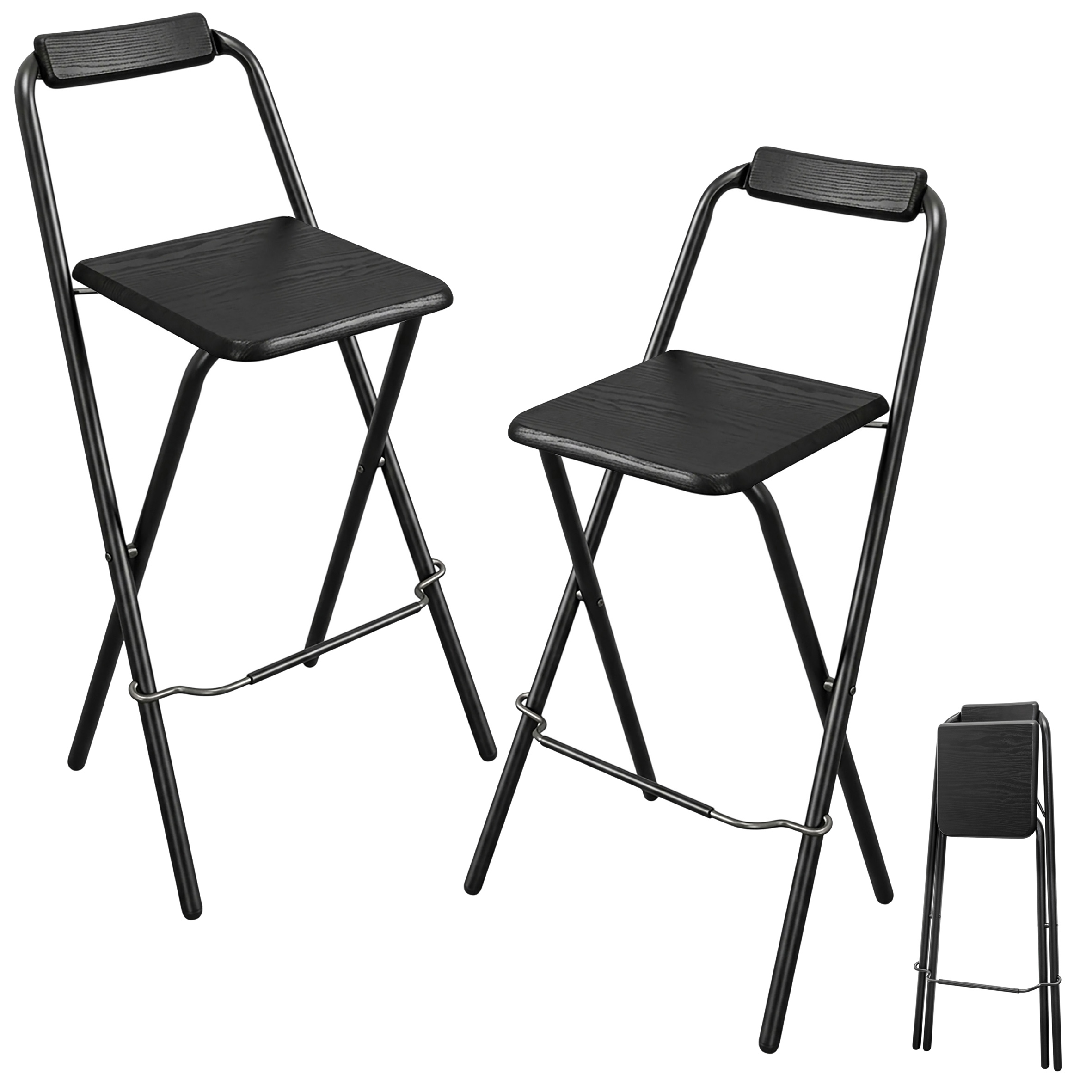 Barhocker klappbar schwarz Belastbarkeit bis 110 kg - 2er Set - Holz Tresenhocker faltbar mit Holz Sitzfläche und Klappsicherung