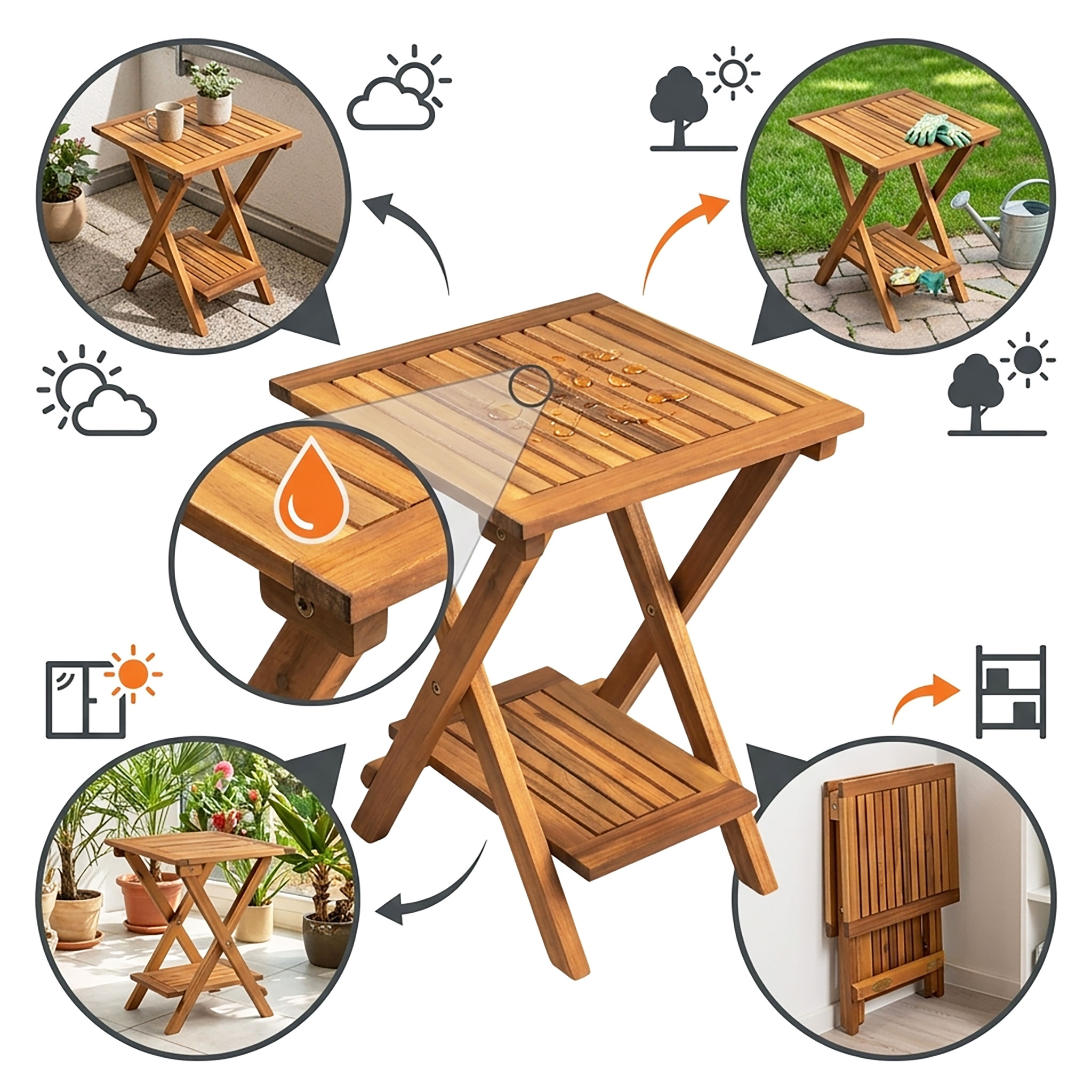 Akazie Beistelltisch geölt für Außen - 35 x 35 cm - Holz Gartentisch klappbar mit 2 Ablagen