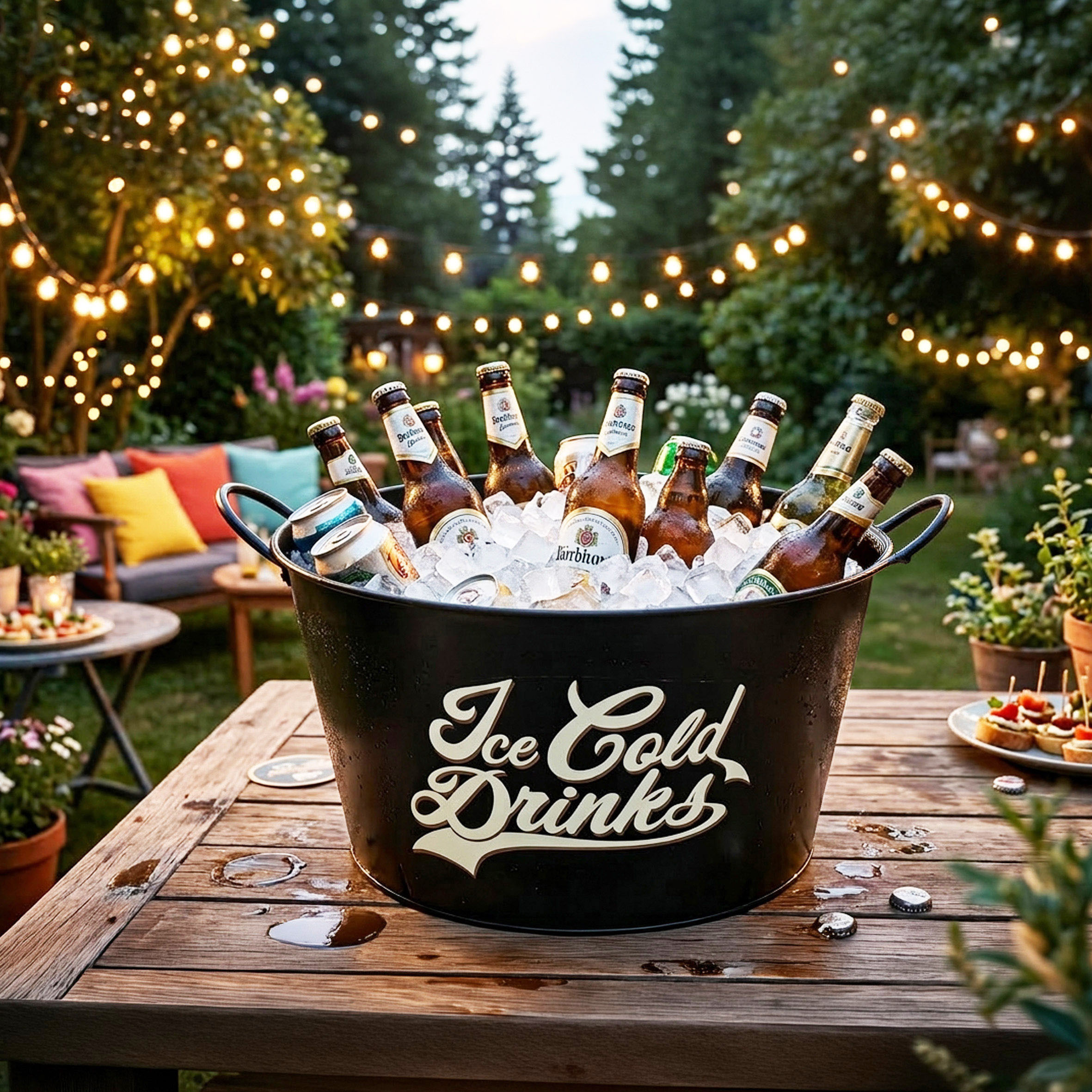 Vintage Metall Getränkekühler schwarz rund mit Griffen - 40 x 23 cm - Retro Flaschenkühler 29 L mit Aufdruck Ice Cold Drinks