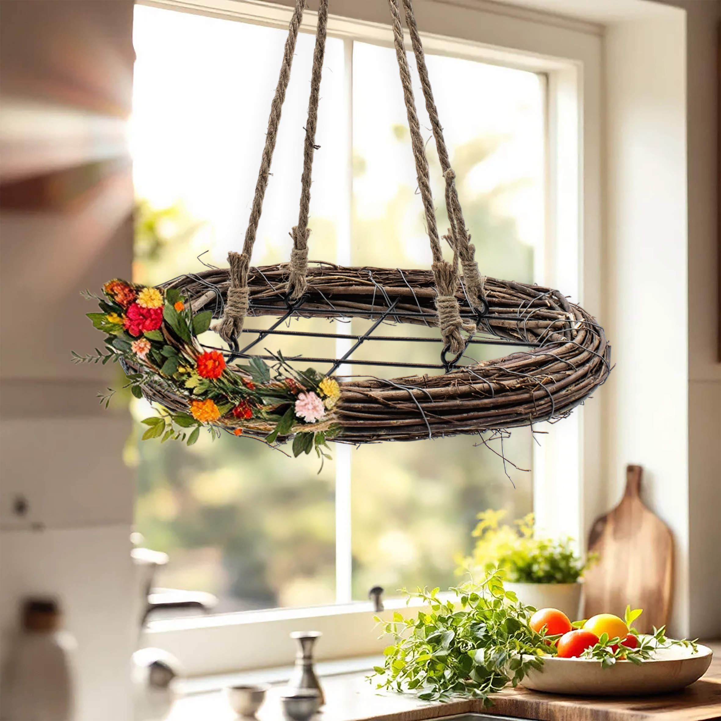 Holzkranz rund 38 cm mit Kordel zum Hängen - braun
