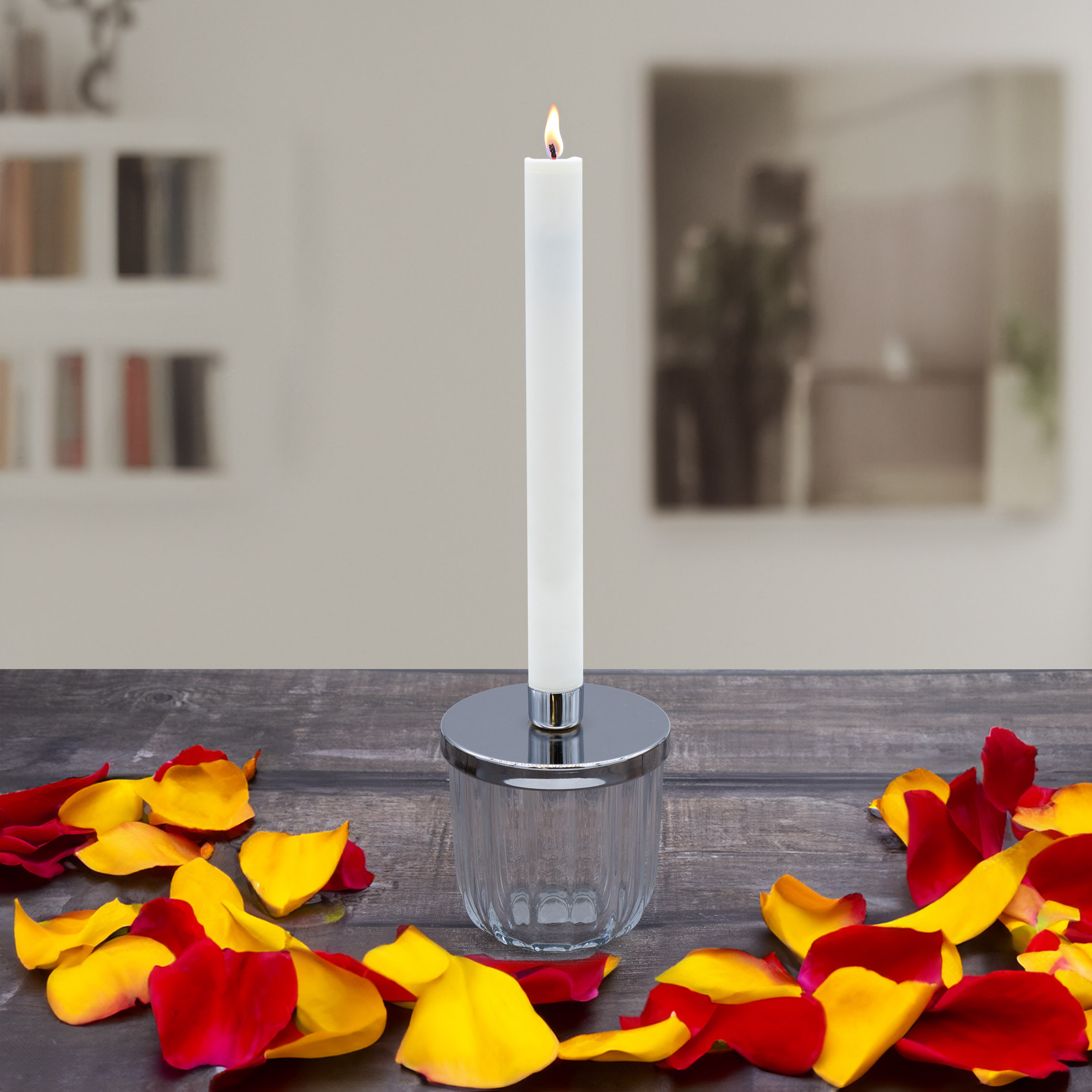Metall Kerzenhalter mit Deko Glas - 11 x 9 cm - Kerzenständer in Silber für Stabkerzen
