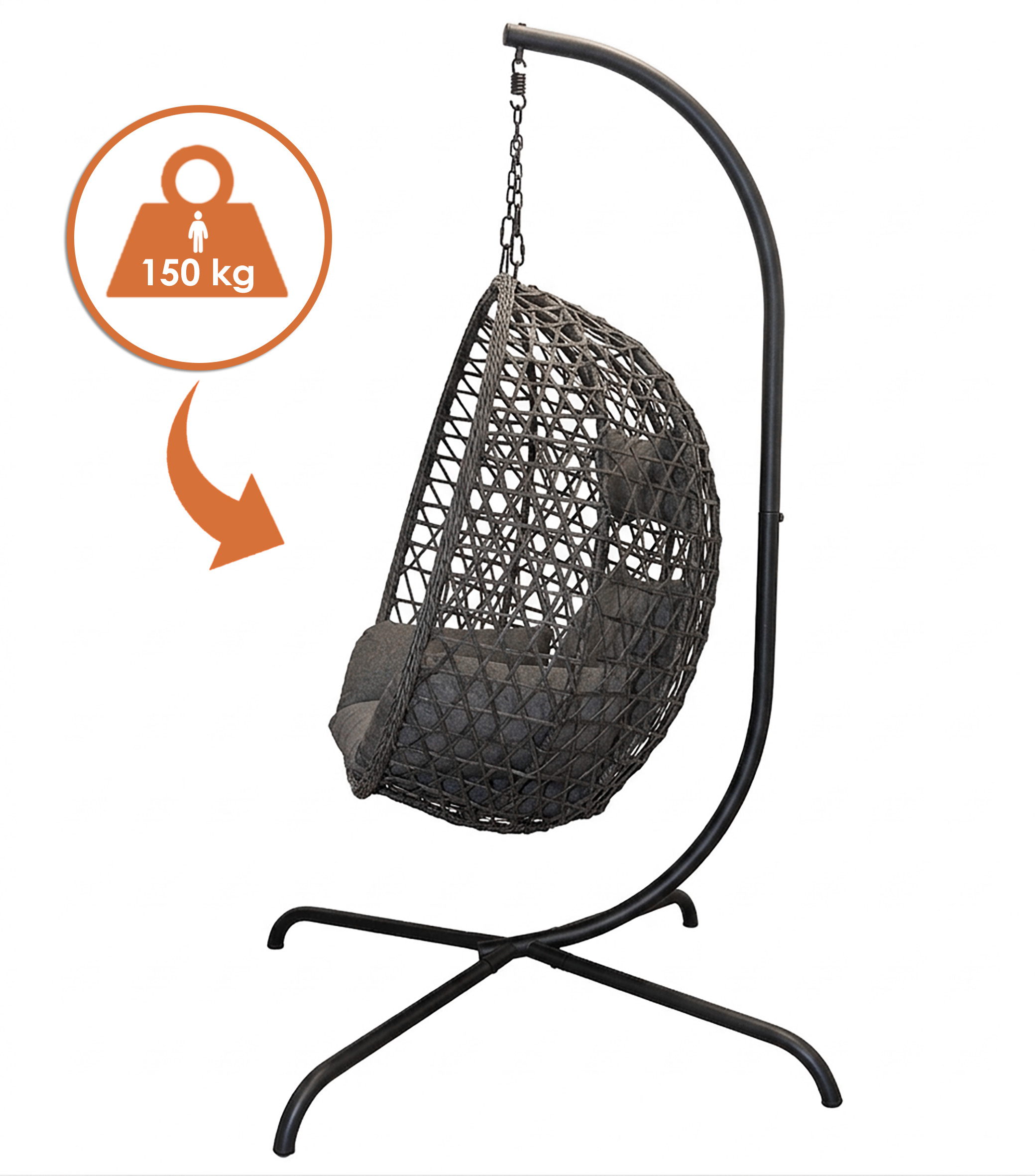 Outdoor Hängesessel mit Gestell und Standfuß 194 x 104 cm - anthrazit - Polyrattan Hängestuhl mit Sitz-und Kopfkissen für Außen und Innen