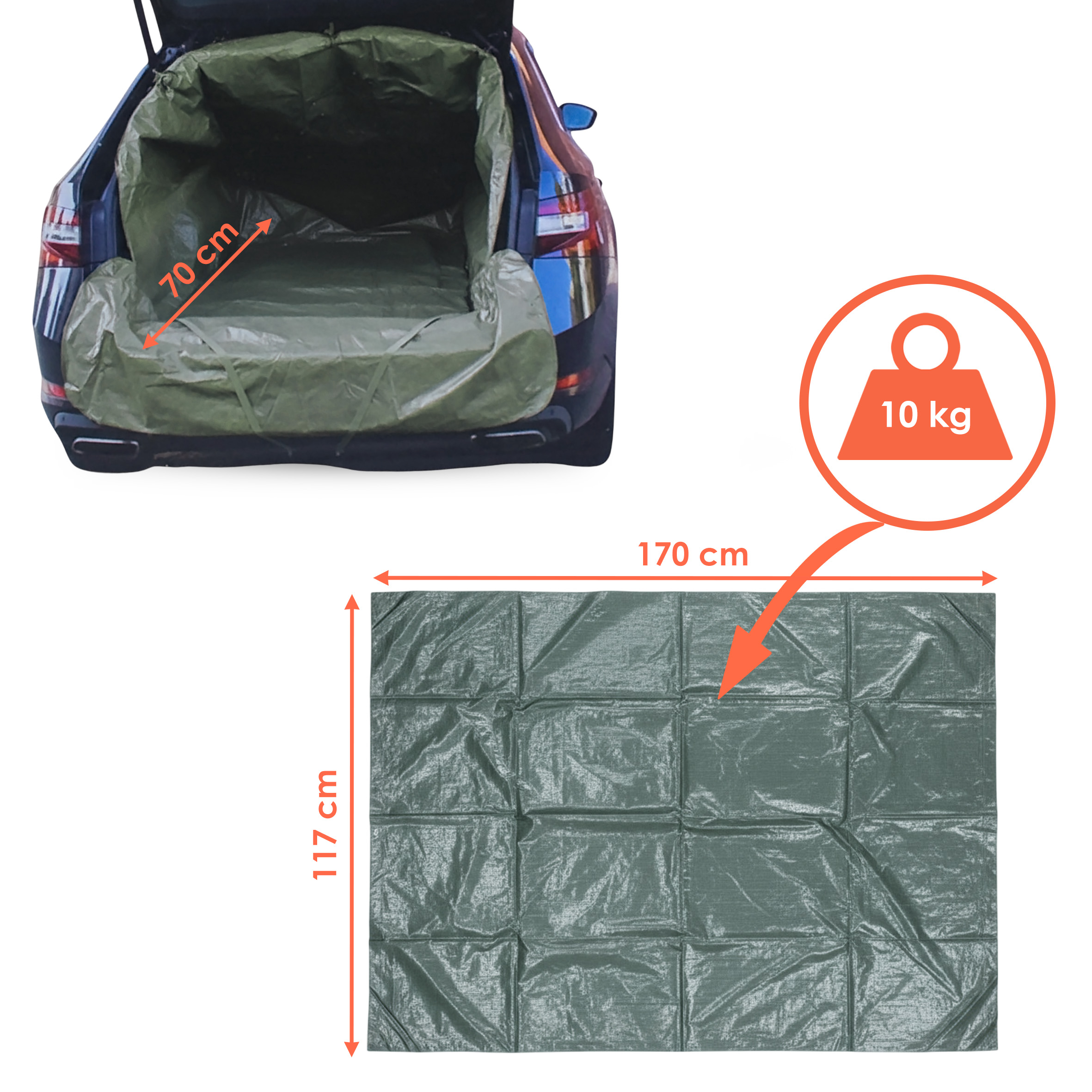 Universal Auto Transportsack wasserabweisend 1300 Liter grün - 170 x 117 cm - Kofferraumschutz Tasche reißfest Traglast bis 10 kg