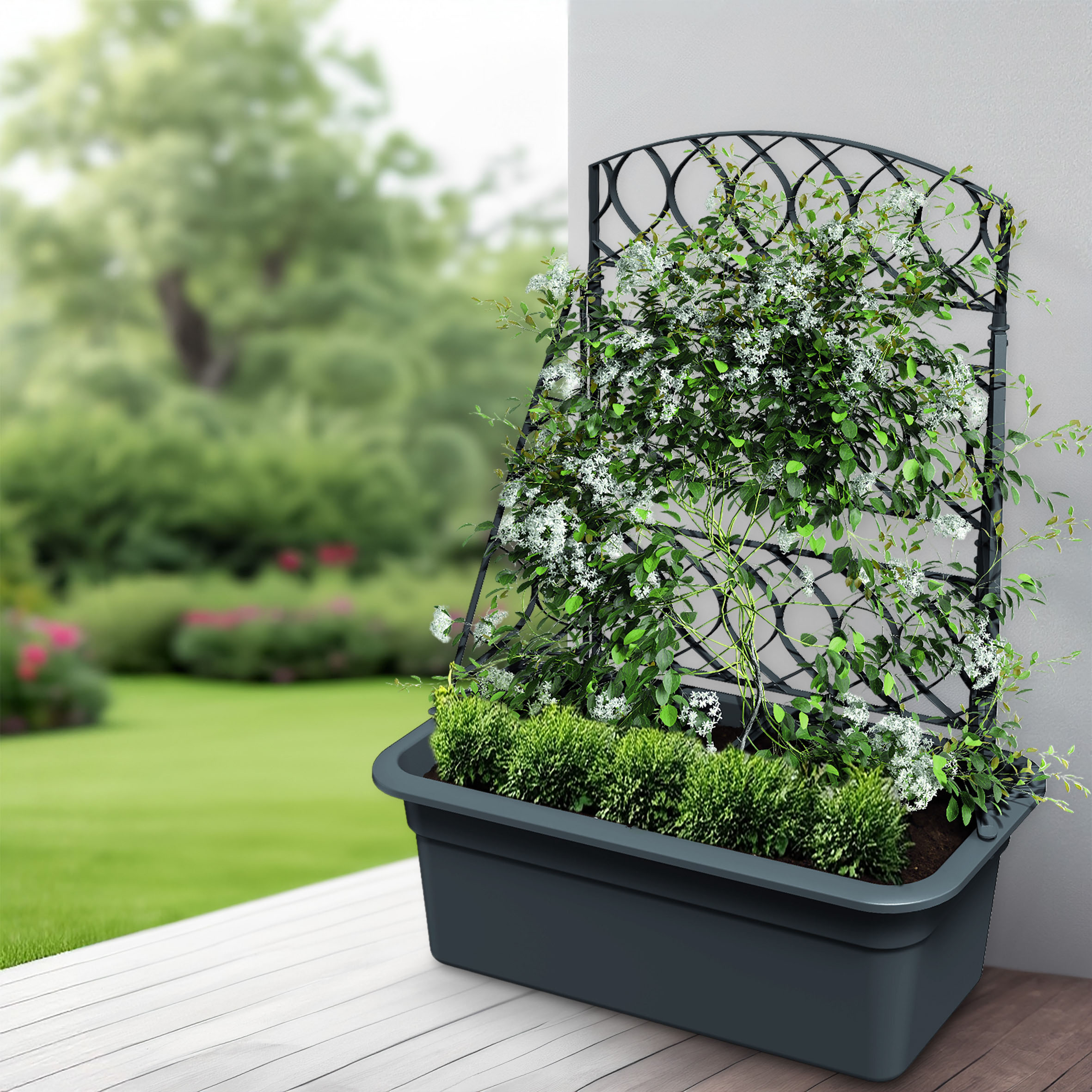 Kunststoff Blumenkasten anthrazit mit Rankgitter - 80 x 59 cm - Garten Pflanztopf grau mit Kletterhilfe