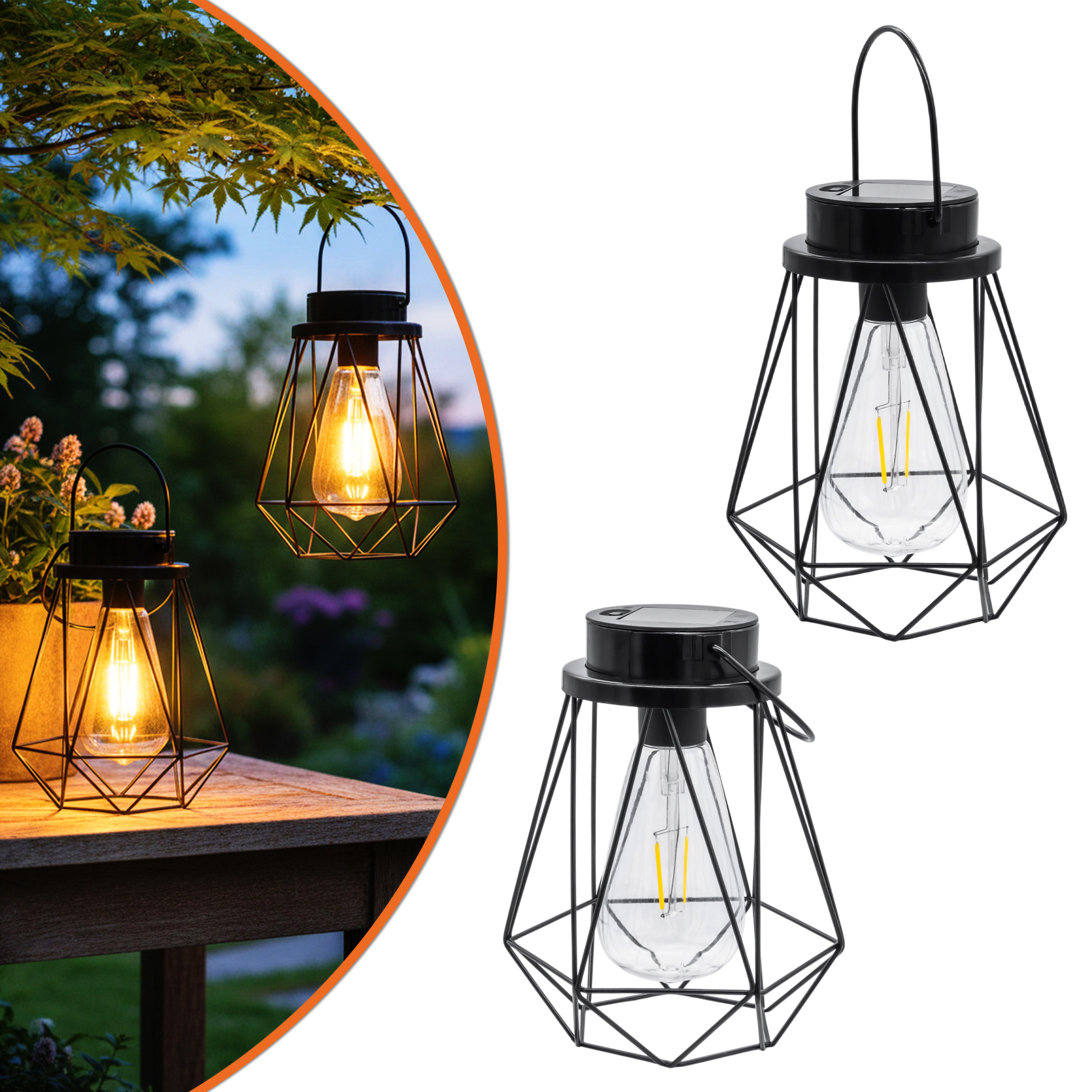 Solar Laterne schwarz 18 x 15 cm zum Hängen oder Stellen - 2er Set - Industrial Design Dekoleuchte mit LED Glühbirne warm weiß