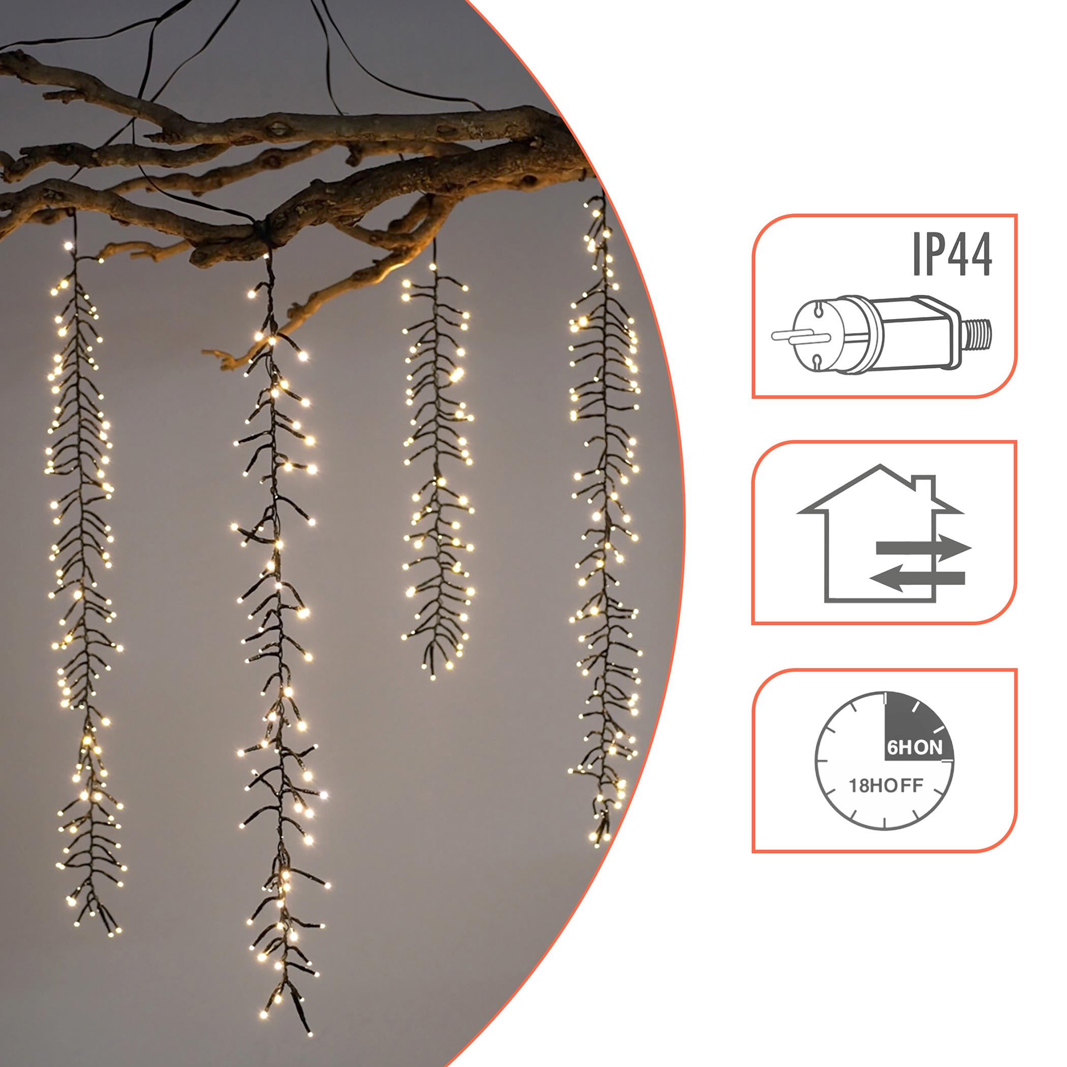 Kaskaden Büschel Lichterkette warm weiß mit 6 Strängen - 480 LED - Lichtervorhang mit 8 Leuchtmodi für Außen mit Timer