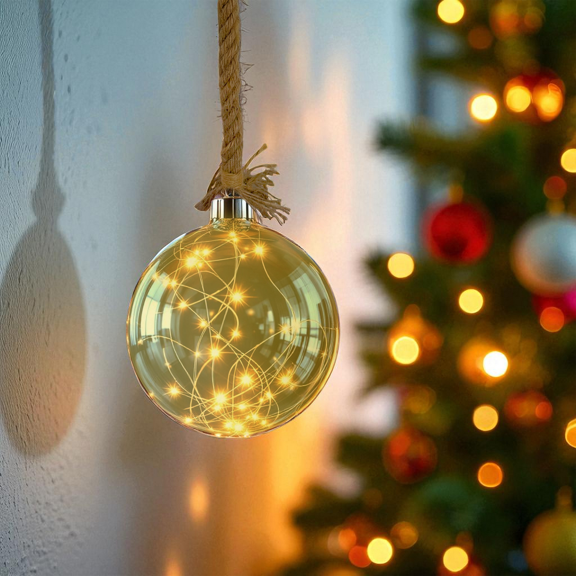 LED Glaskugel mit Tau zum Hängen mit Timer - Ø 14 cm - Dekohänger warm weiß beleuchtet Batterie betrieben