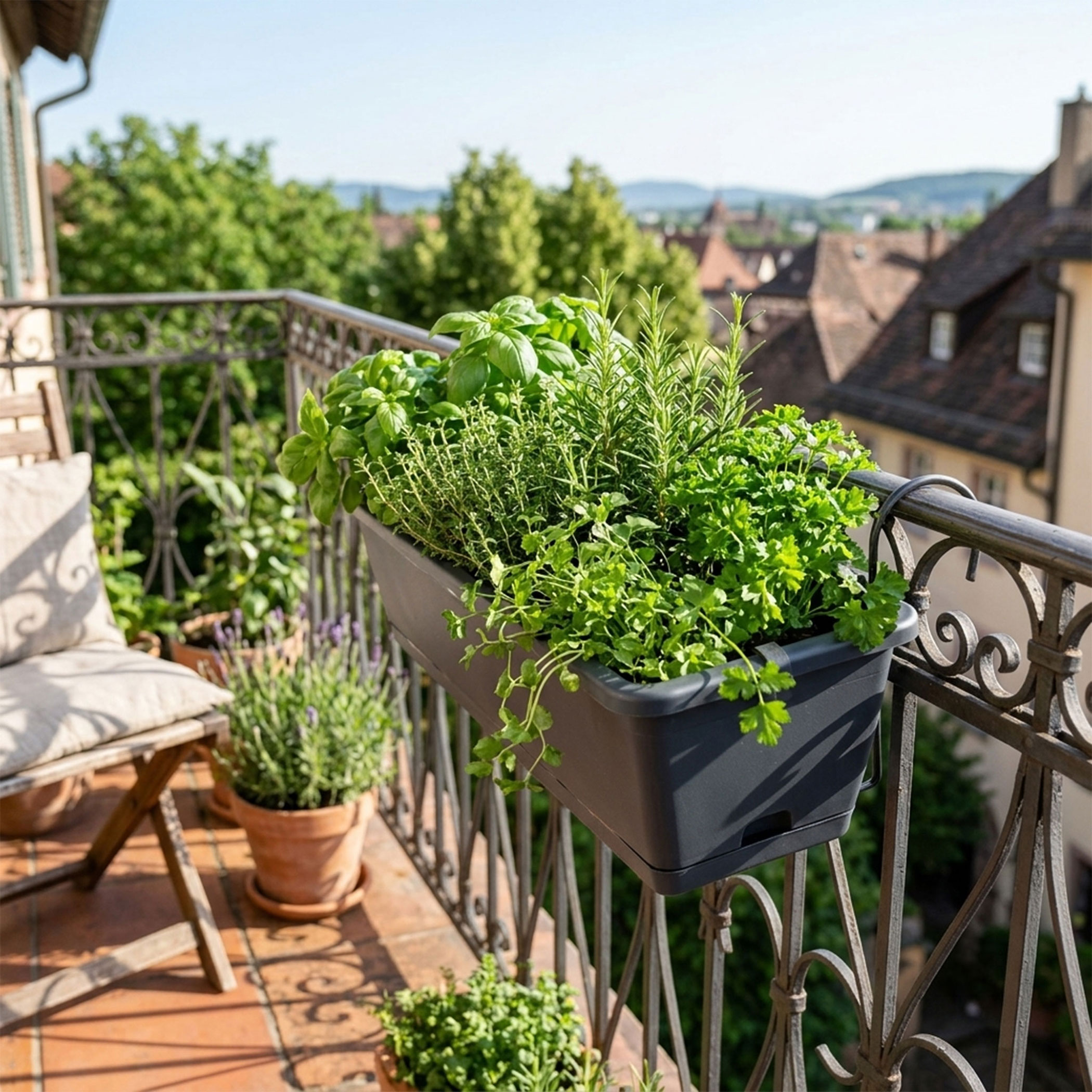 Balkon Blumenkasten mit Halterung und Bewässerungssystem - 40 cm oder 60 cm - Kunststoff Geländer Pflanztopf in anthrazit - Blumentopf Pflanzkasten zum Einhängen mit Wasserablauf