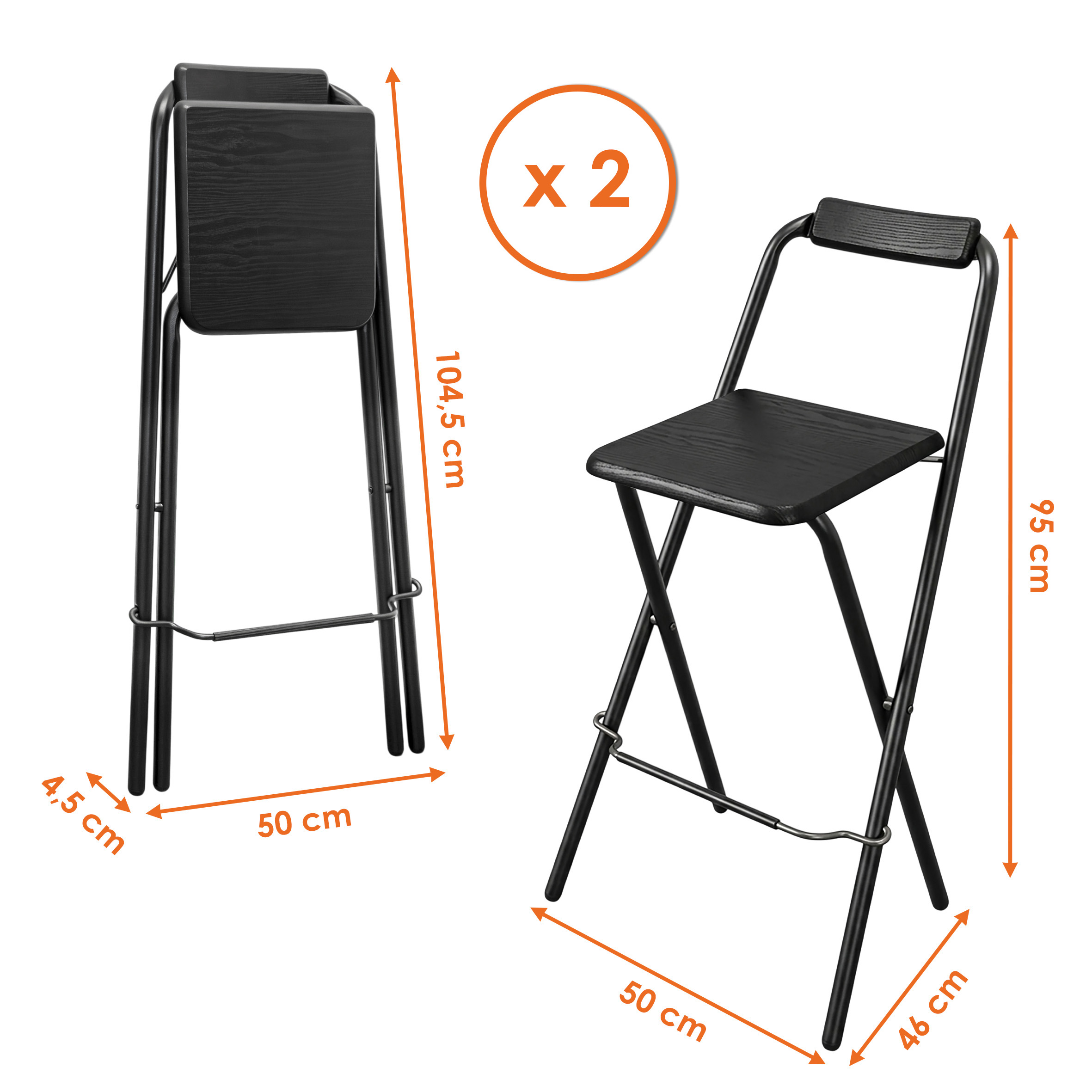 Barhocker klappbar schwarz Belastbarkeit bis 110 kg - 2er Set - Holz Tresenhocker faltbar mit Holz Sitzfläche und Klappsicherung