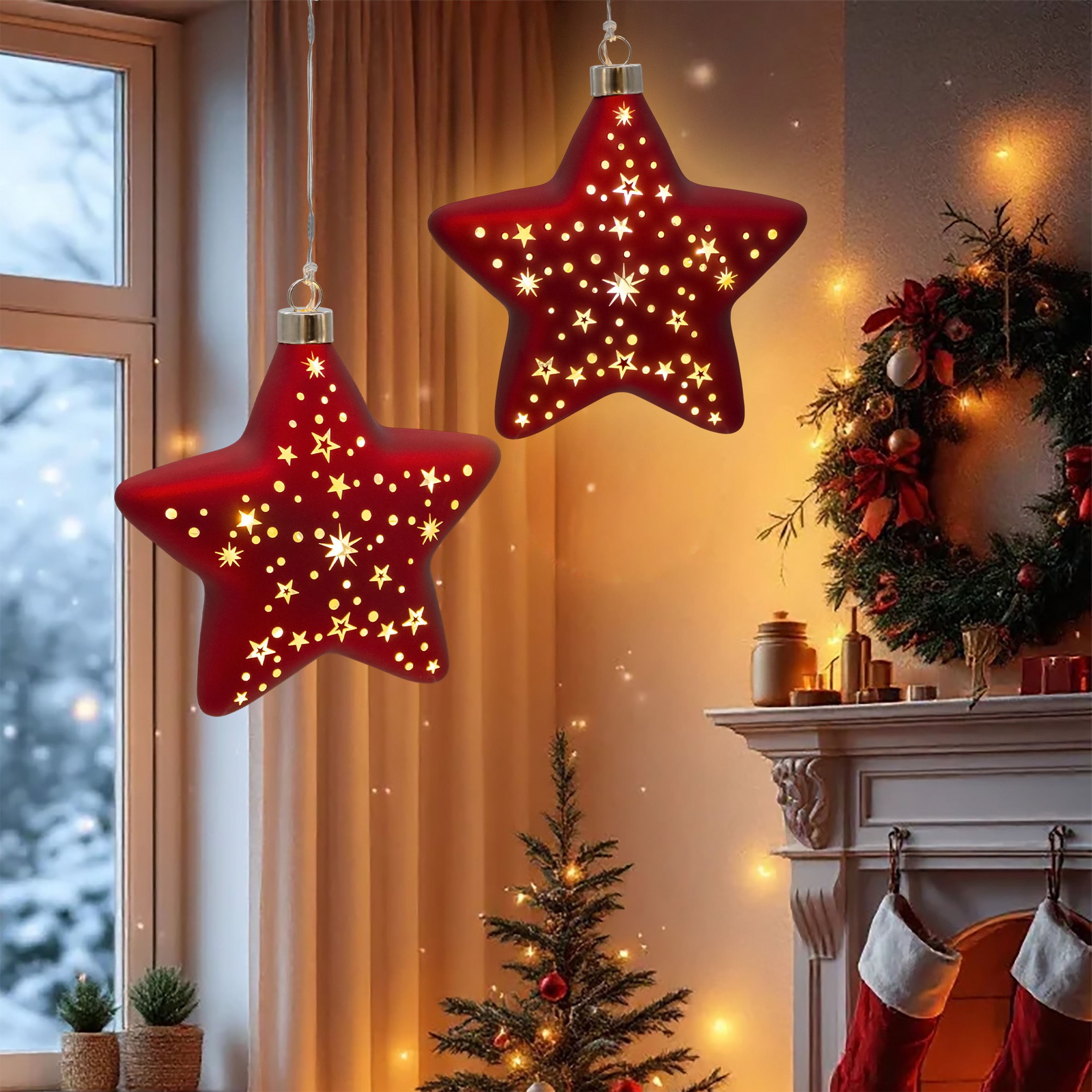 Glas Weihnachtsstern rot zum Hängen mit 10 LED beleuchtet - 15 cm - Deko Stern Leuchte warm weiß Batterie betrieben
