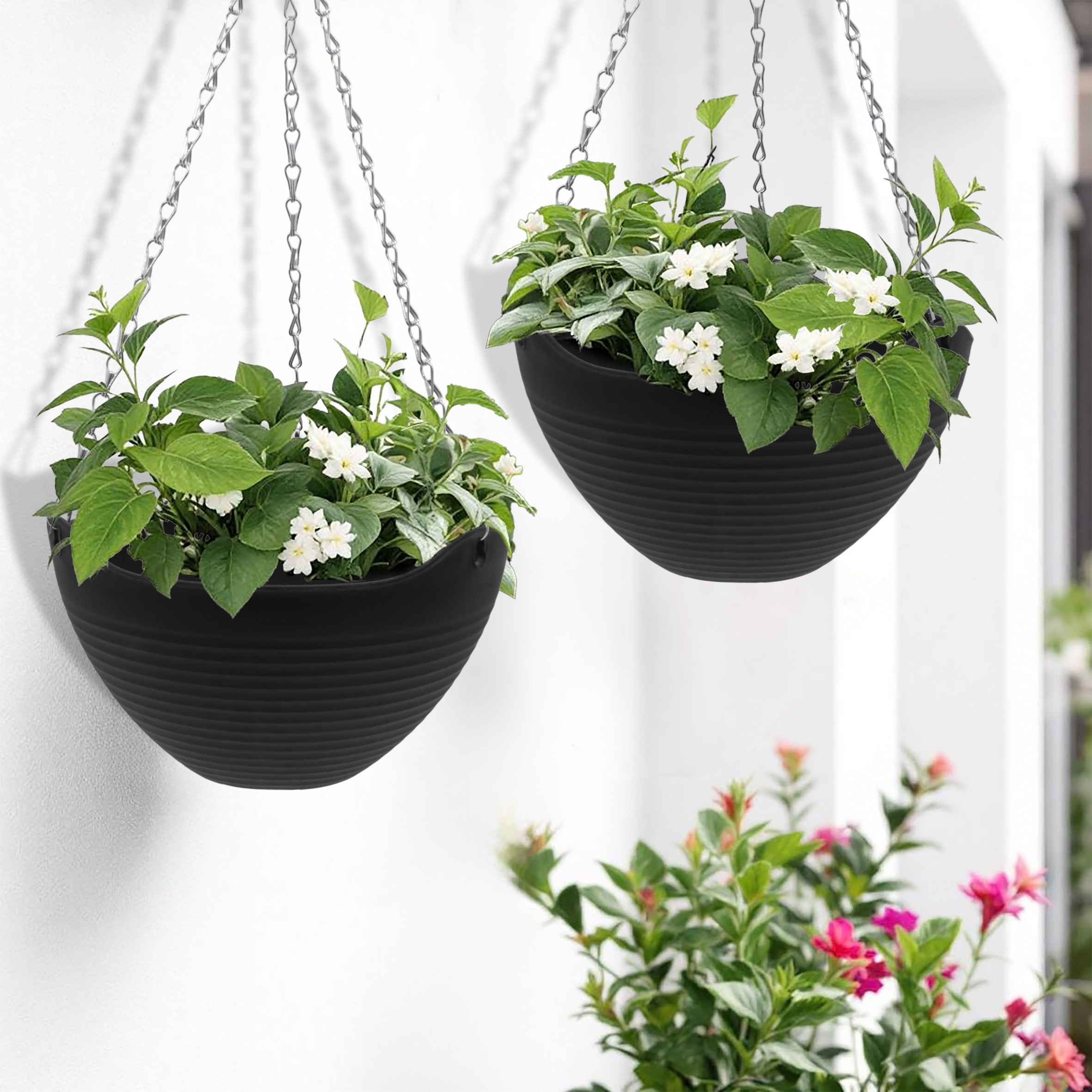 Blumenampel anthrazit mit Rillen Struktur 25 cm - 2er Set - Kunststoff Hängeampel mit Ablauf und Metallkette