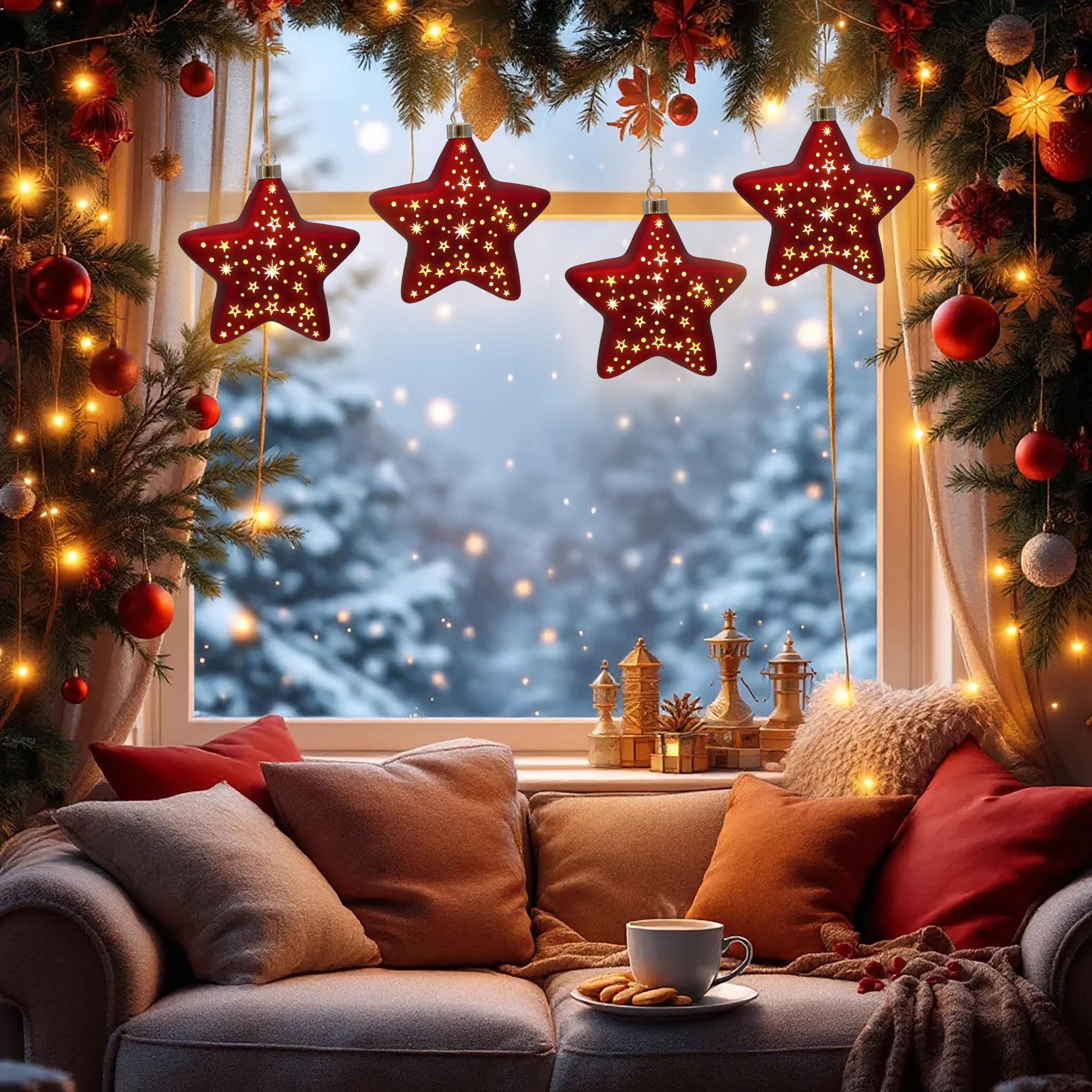 Glas Weihnachtsstern rot zum Hängen mit 10 LED beleuchtet - 15 cm - Deko Stern Leuchte warm weiß Batterie betrieben
