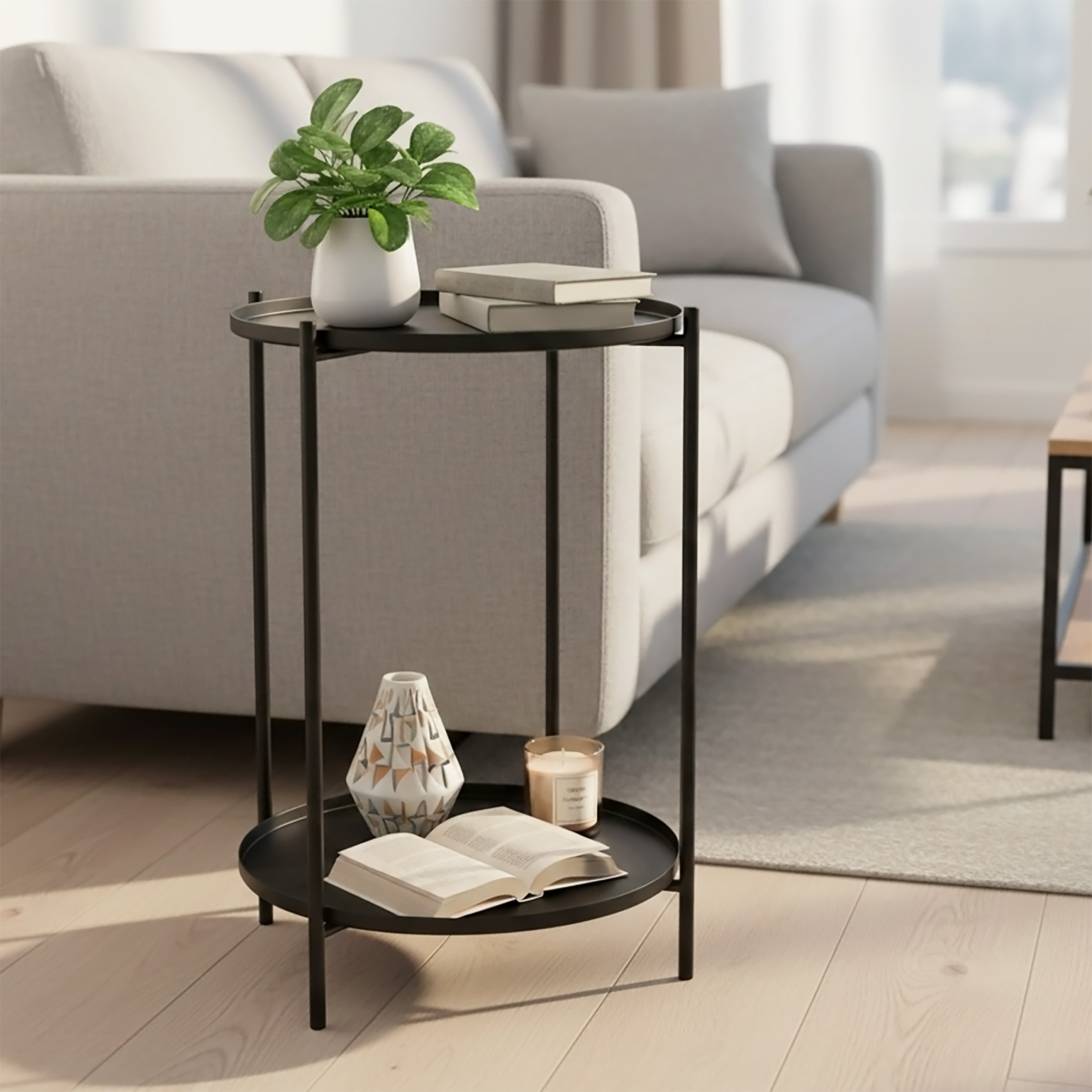 Beistelltisch Metall schwarz rund mit 2 Ablagen - 48 x 28 cm - Sofatisch klappbar mit abnehmbarem Tablett