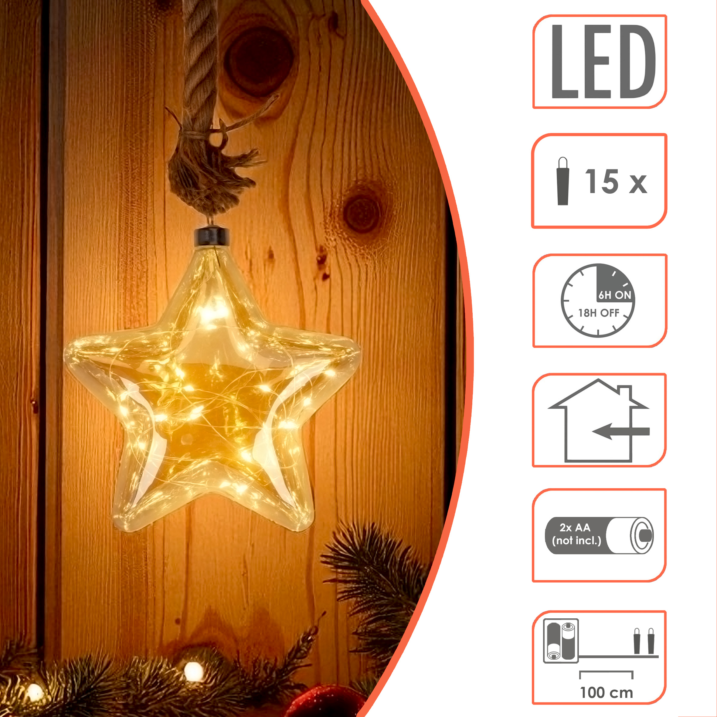 LED Glas Weihnachtsstern mit Tau zum Hängen mit Timer - Ø 20 cm - Stern Dekohänger warm weiß beleuchtet Batterie betrieben