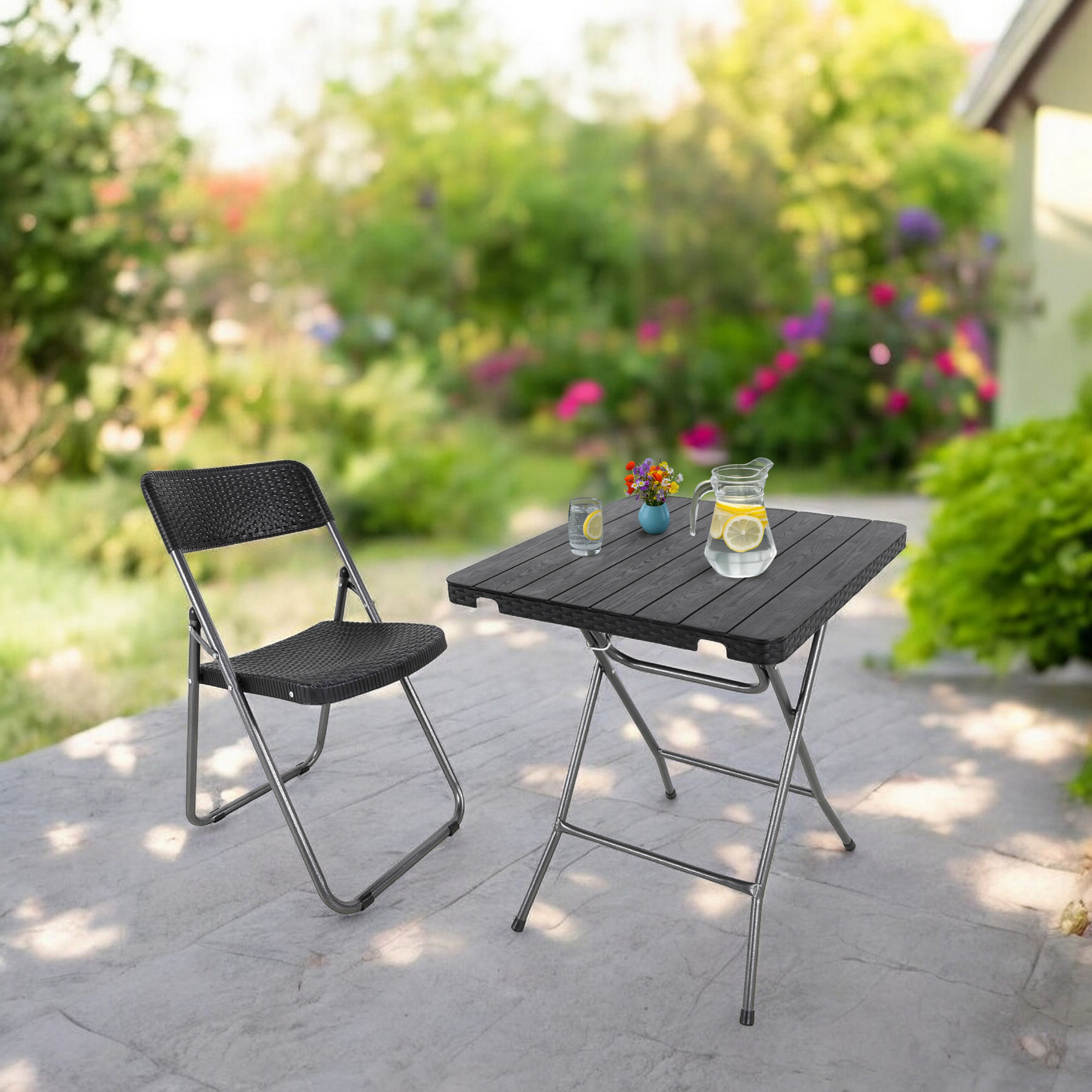Klappstuhl im Rattan Design schwarz 4er Set - 82 x 46 cm - Gartenstuhl mit Rückenlehne klappbar in Flechtoptik