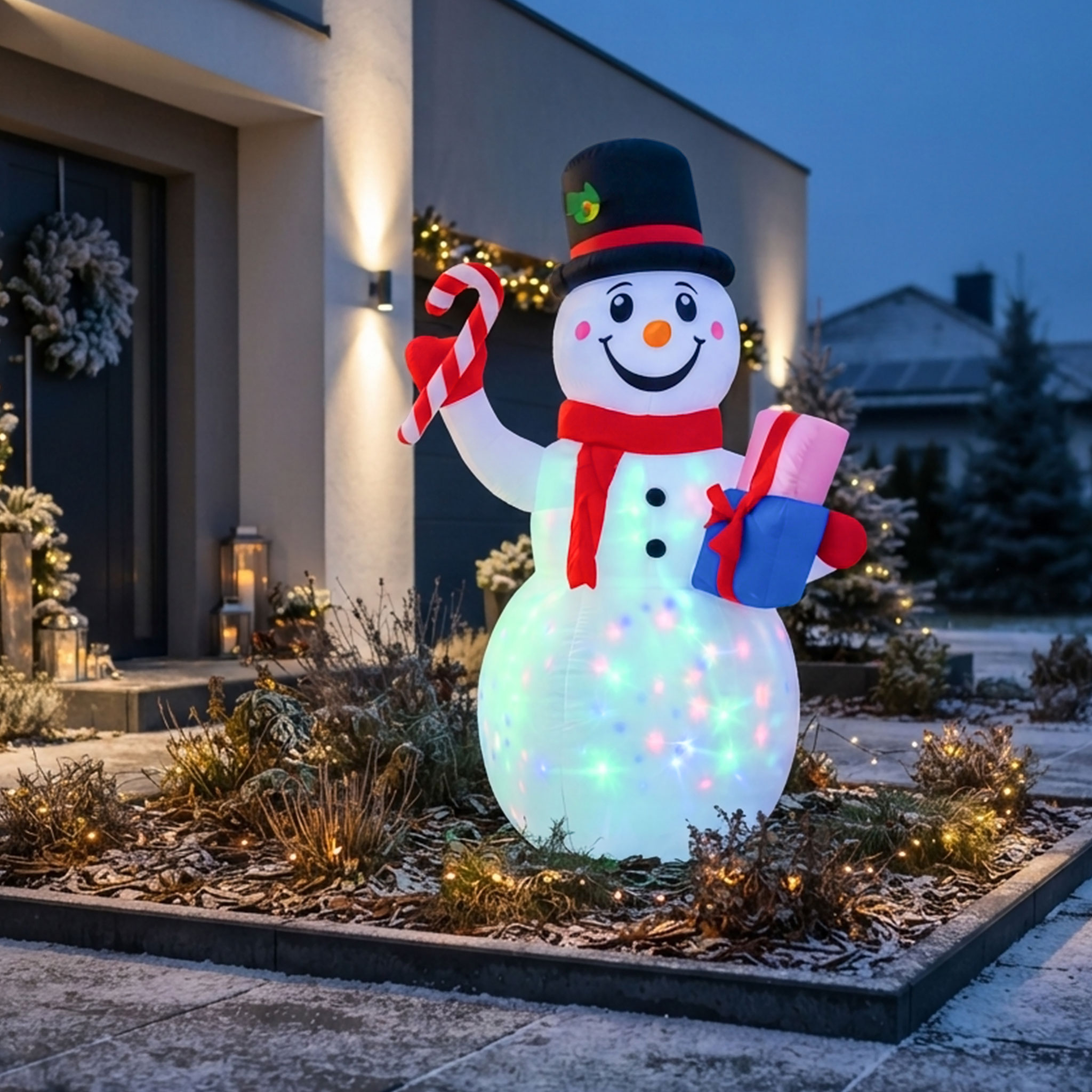 Aufblasbarer XL Schneemann mit LED Beleuchtung und Stecker für Außen und Innen - 200 x 130 cm - Riesen Schneefigur selbstaufblasend bunt beleuchtet