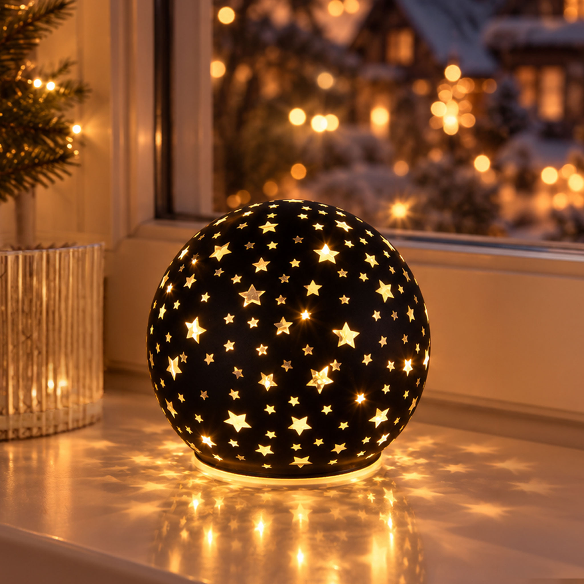 LED Glas Weihnachtskugel matt schwarz zum Stellen mit Timer - 12 cm - Leuchtkugel mit Sternen warm weiß beleuchtet batteriebetrieben
