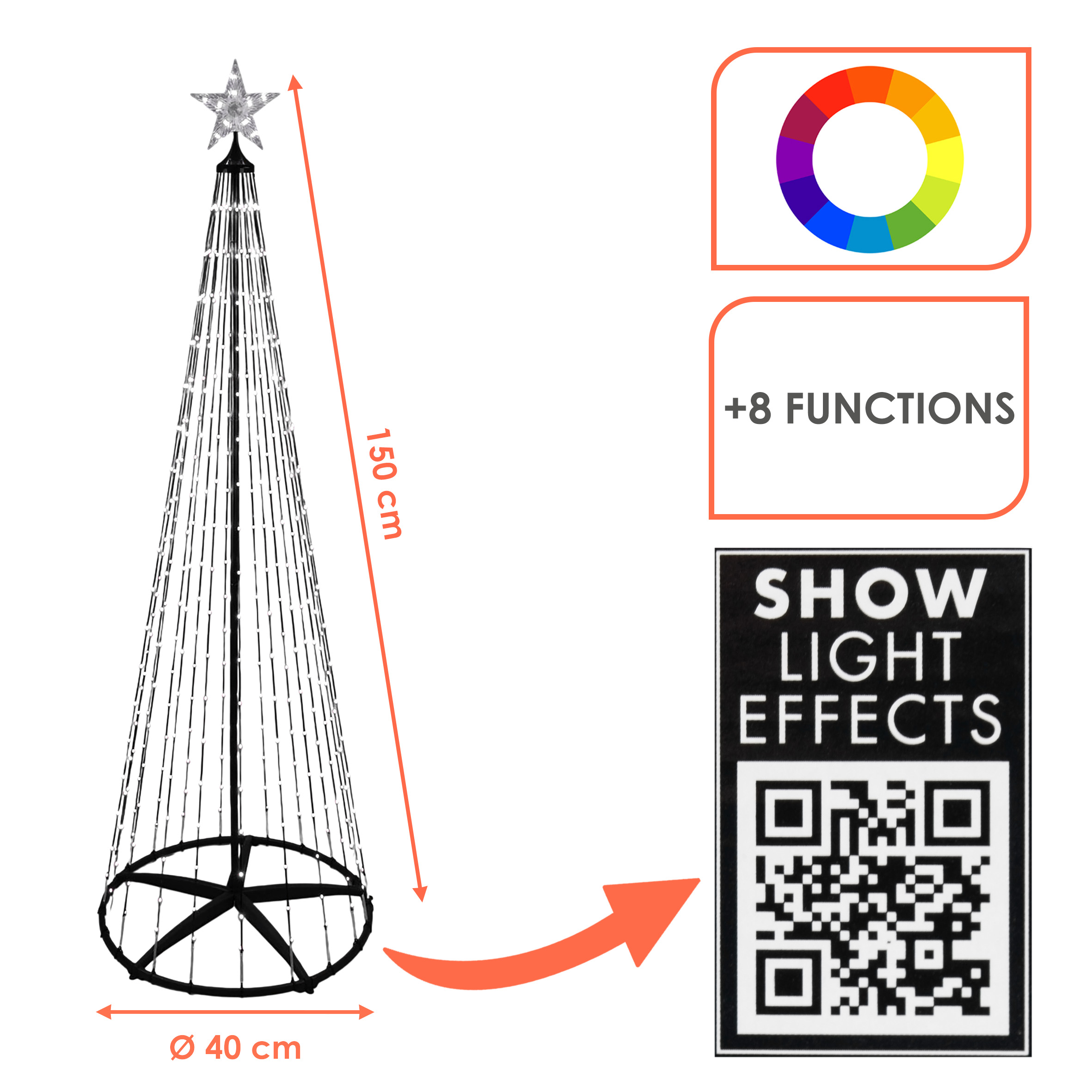 Lichterbaum mit Stern Spitze 150 cm für Außen mit Fernbedienung und Timer - 154 LED - Metall Weihnachtsbaum in schwarz multicolor - Farbe per Fernbedienung wählbar