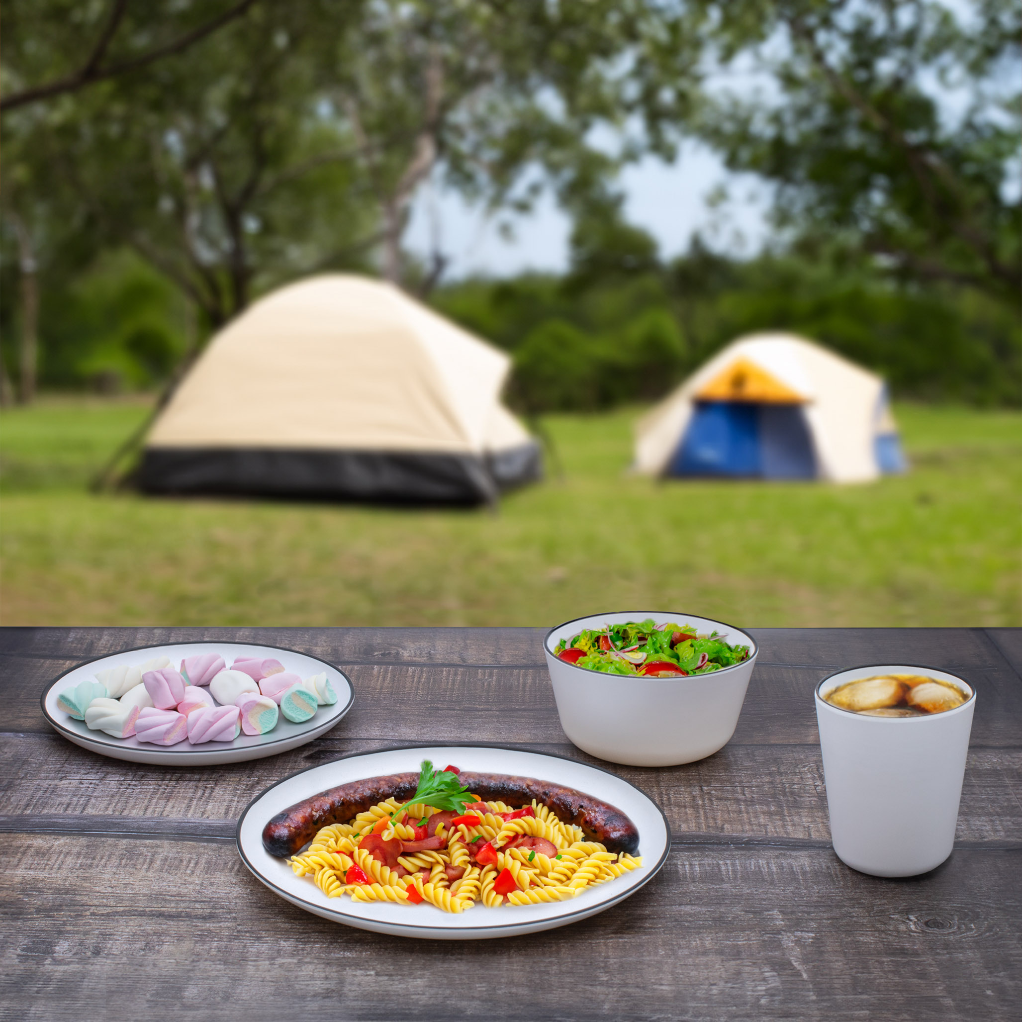 Melamin Camping Geschirr weiß mit schwarzem Rand - diverse Sets - Picknick Outdoor Tafel Service