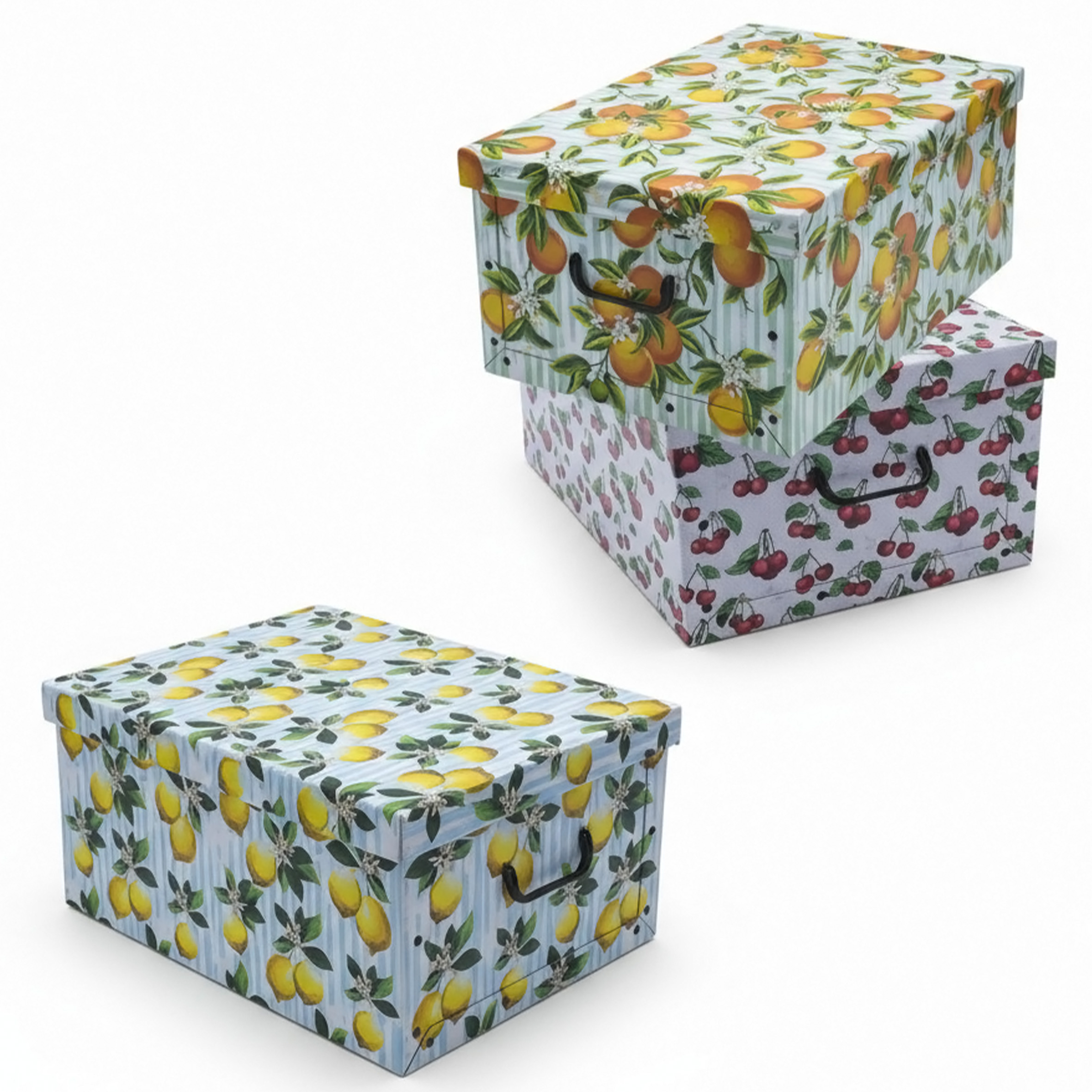 3er Set Aufbewahrungsbox mit Deckel 51 x 37 cm - Früchte - Stapelbox aus Pappe mit Griffen 45 Liter