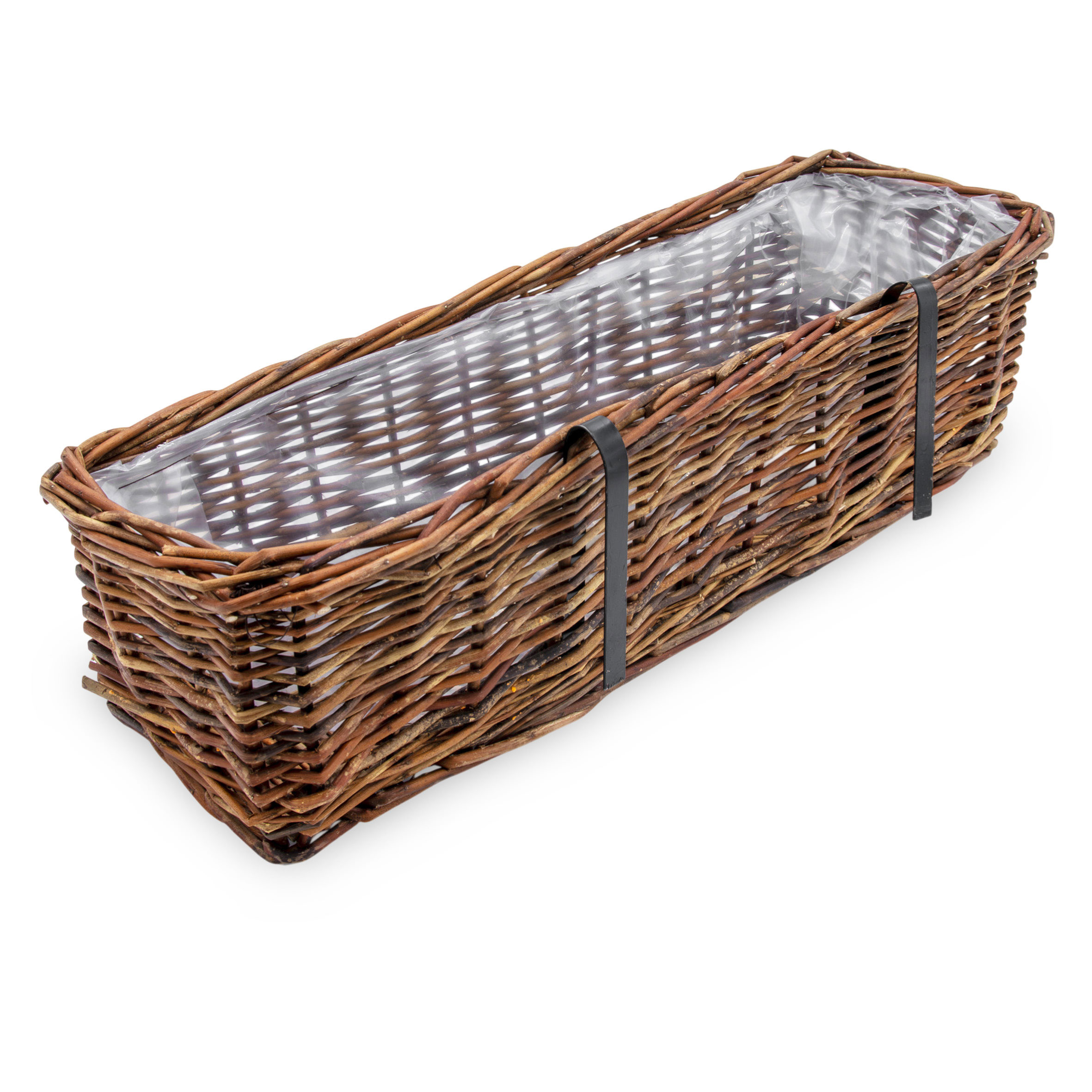Rattan Balkonkasten eckig mit Folie natur dunkel - 60 x 19 cm - Rattan Blumenkasten mit Aufhängung für Geländer bis 3,5 cm