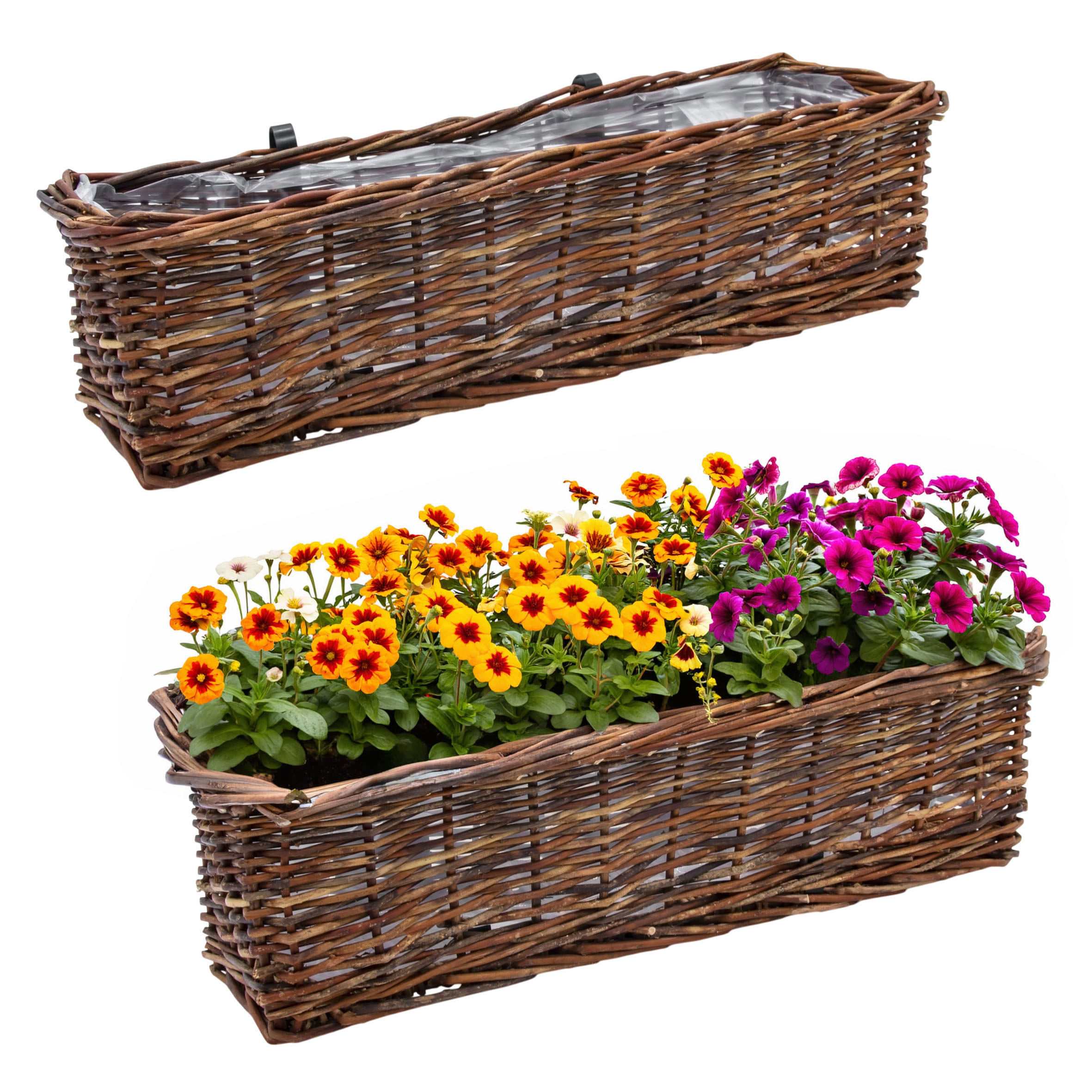 Rattan Balkonkasten 2er Set eckig mit Folie natur dunkel - 60 x 19 cm - Rattan Blumenkasten mit Aufhängung für Geländer bis 3,5 cm