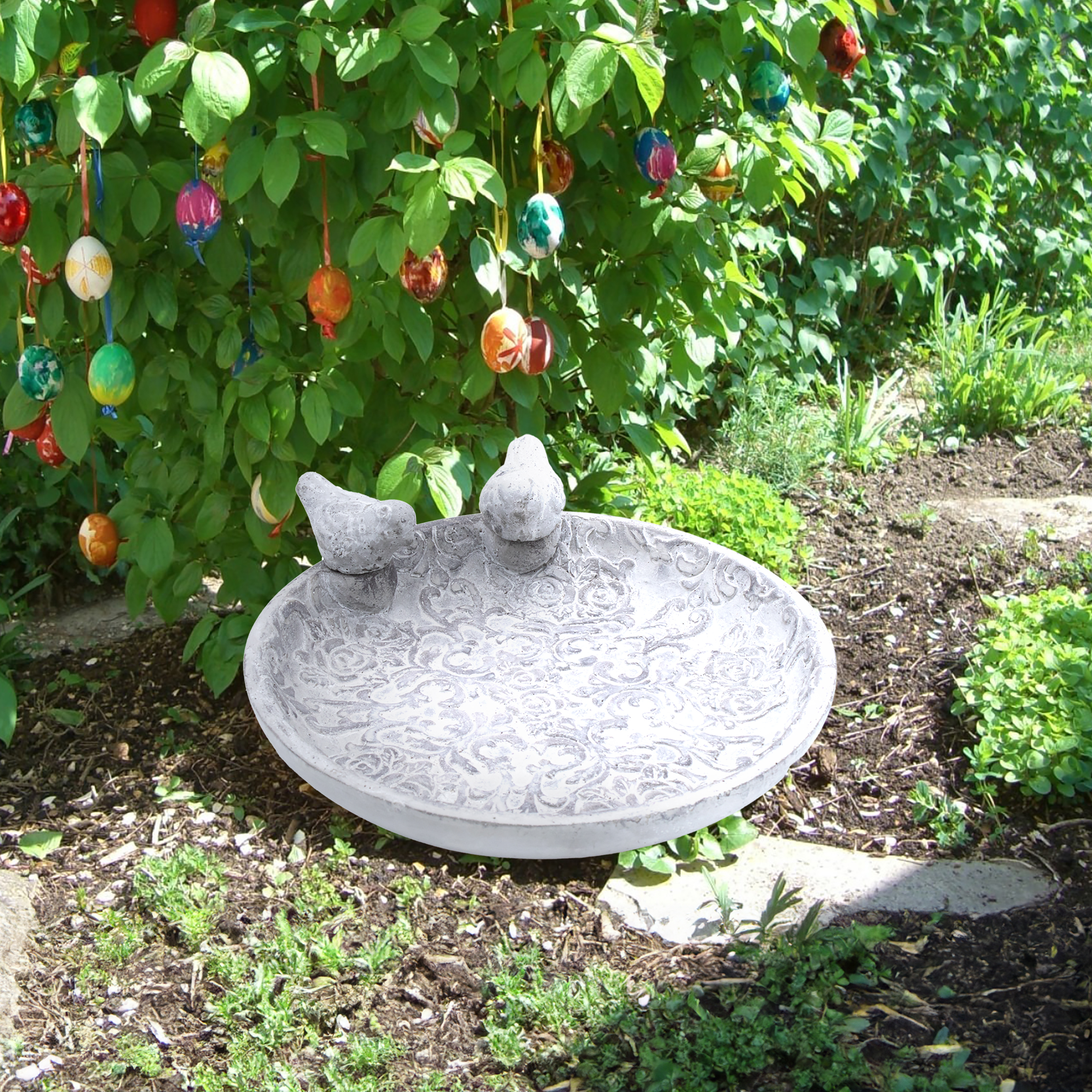 Beton Vogeltränke in grau mit Ornamenten - 24 cm - Vogelbad aus Stein mit Relief Muster
