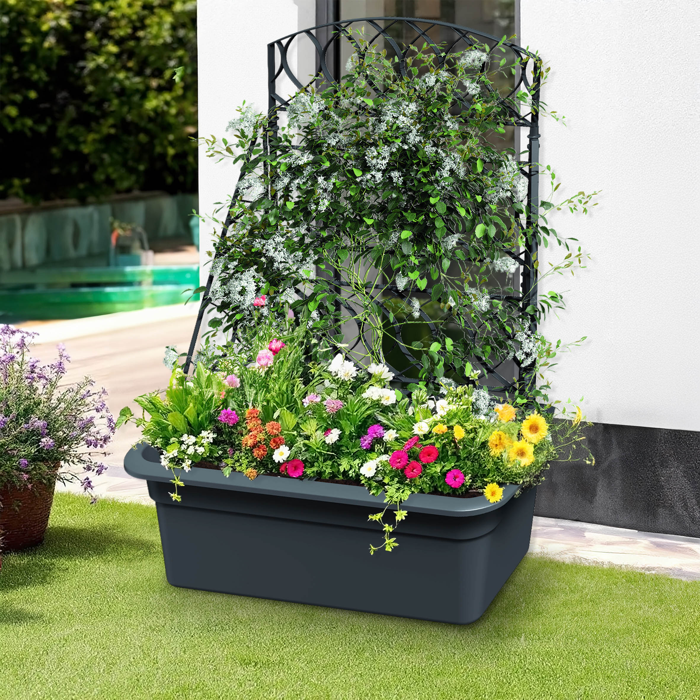 Kunststoff Blumenkasten anthrazit mit Rankgitter - 80 x 59 cm - Garten Pflanztopf grau mit Kletterhilfe