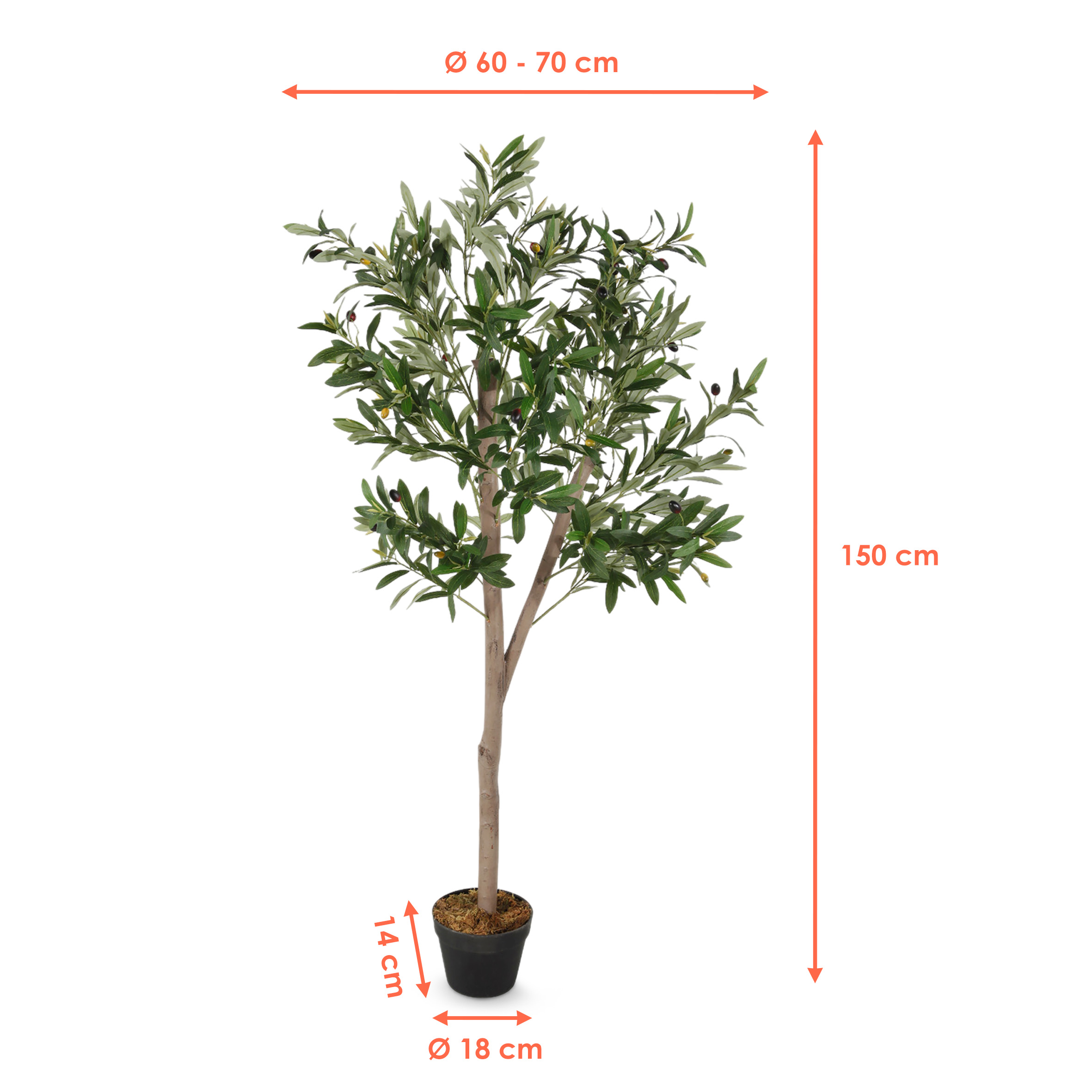 Olivenbaum Kunstpflanze im schwarzen Topf mit 32 Oliven - 150 x 70 cm - Künstlicher Baum im Blumentopf mit 928 Blättern