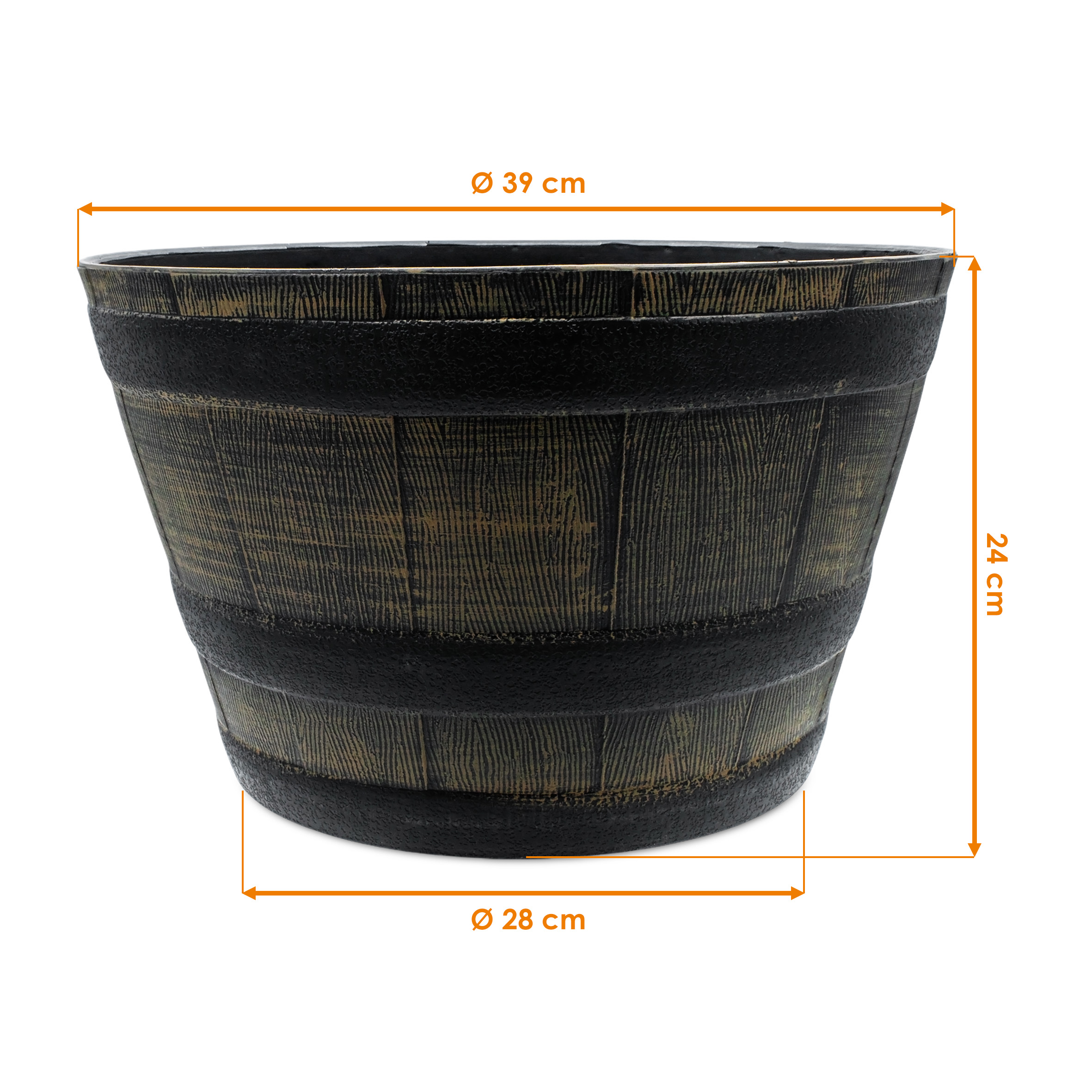 Kunststoff Blumenkübel in Eichenfass Optik braun - 39 cm - Mini Gartenteich Becken im Holz Wasserkübel Design