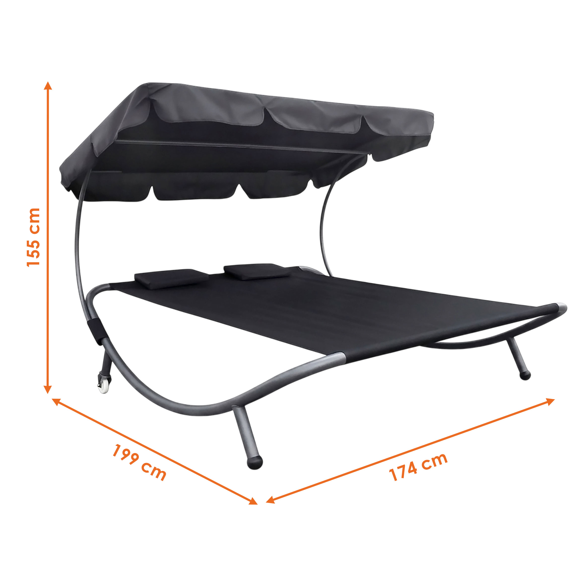 Doppel Sonnenliege mit Dach 199 x 174 cm - schwarz - XXL Liege mit mit verstellbarem Sonnendach belastbar bis 260 kg