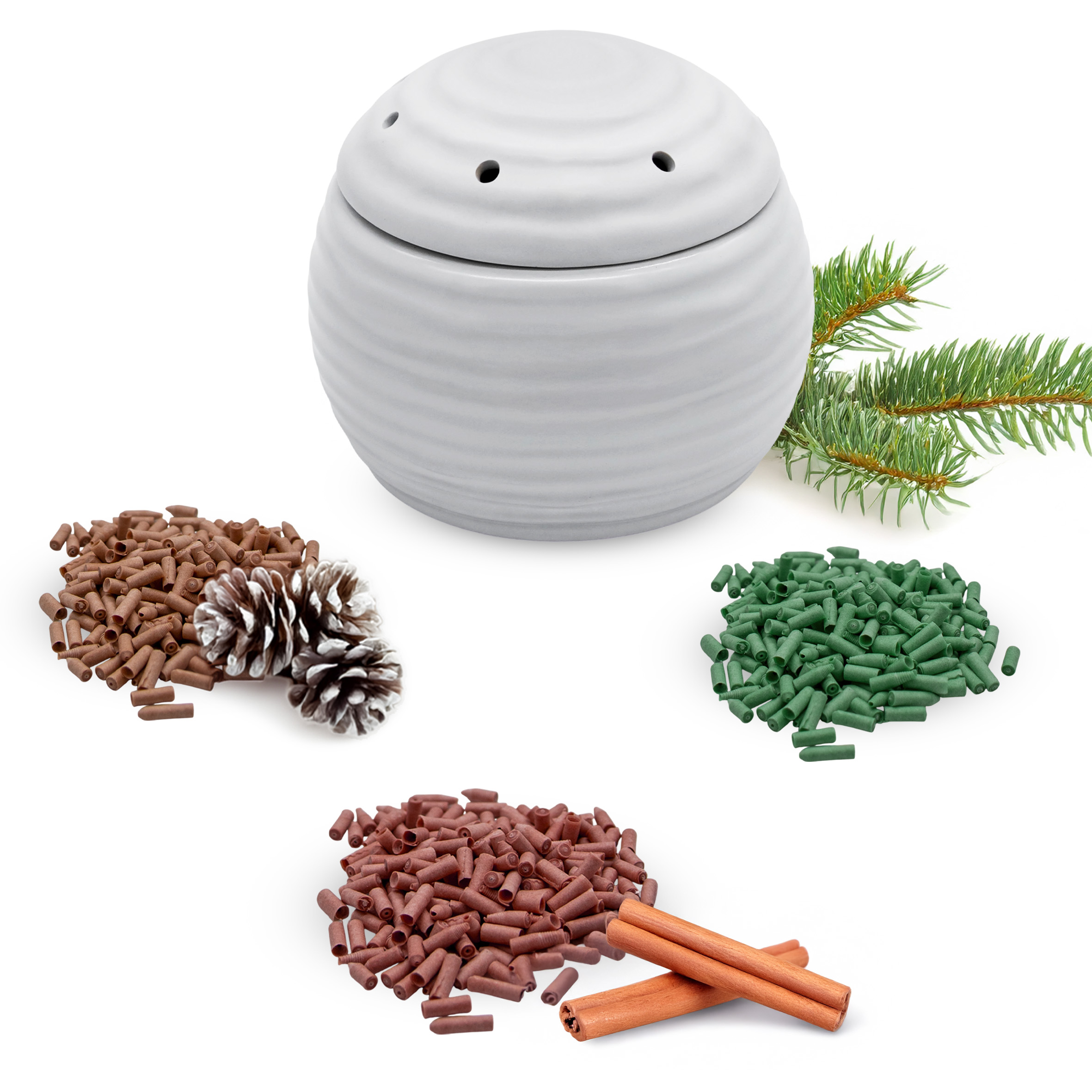 Elektrische Duftlampe für Weihnachtsduft Granulat - 10 cm - Keramik Aroma Diffusor inklusive 3 Beutel Duftgranulat 1x Wintertanne 1x Pininzapfen 1x Zimtstange
