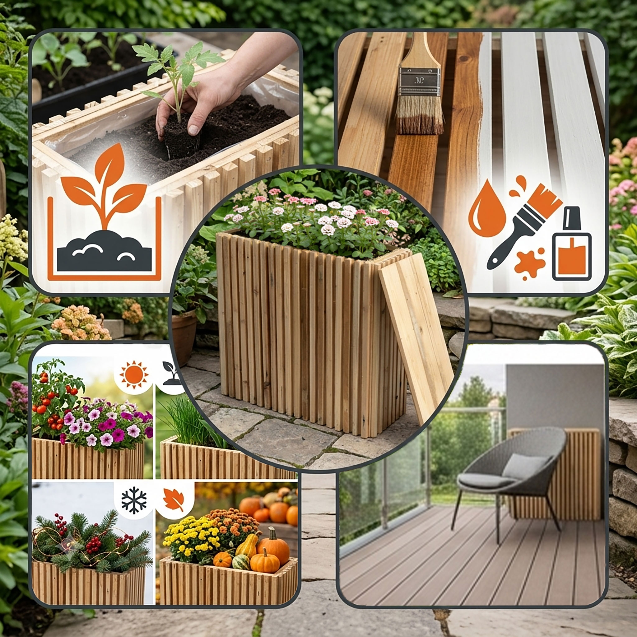 Holz Pflanzkasten Kiefer natur rechteckig mit Folie - 53 x 52 cm - Holz Sockel naturbelassen mit Deckel