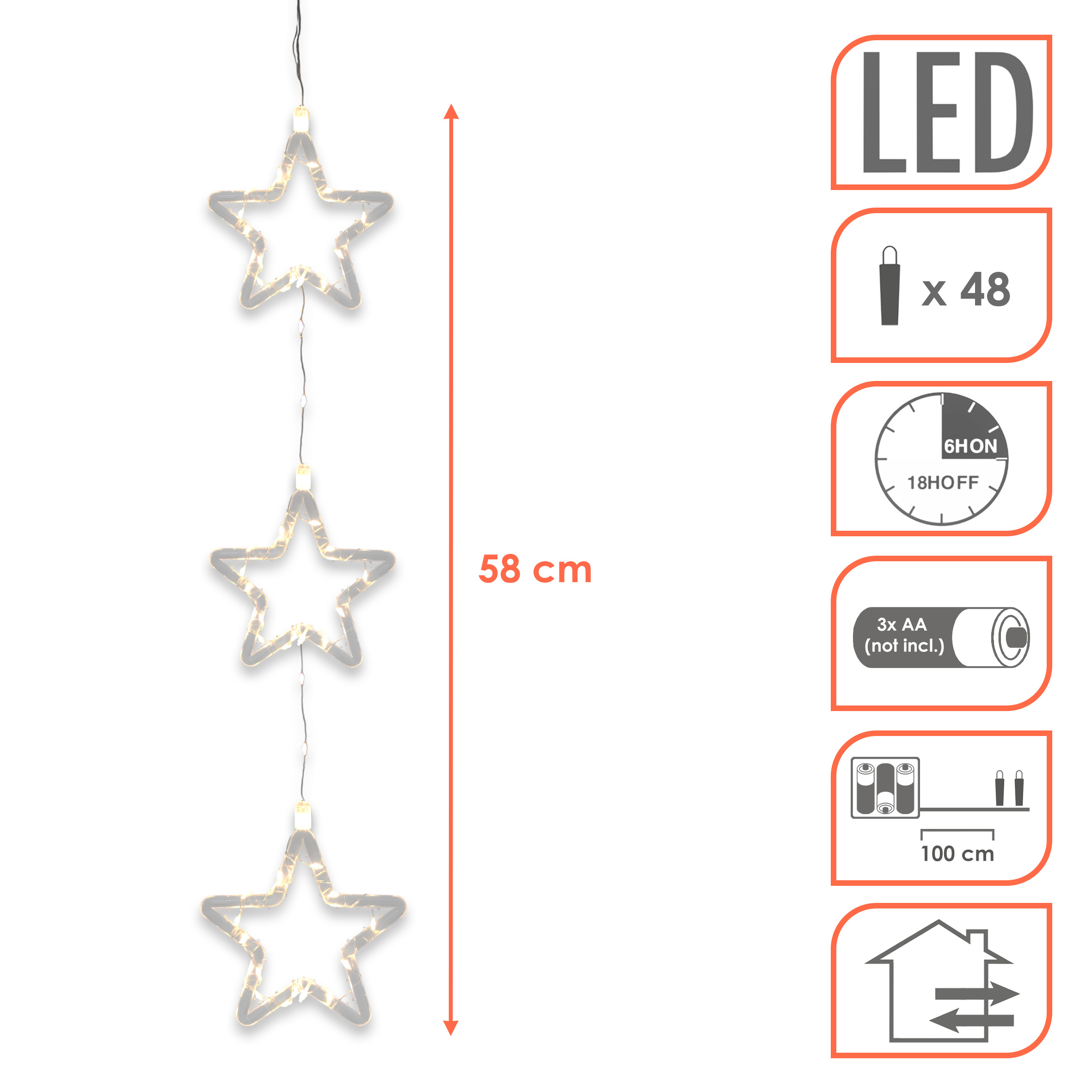 LED Weihnachtsdeko für Außen 3 Sterne mit Timer - 58 cm - Leuchstern Fensterdeko warm weiß Batterie betrieben