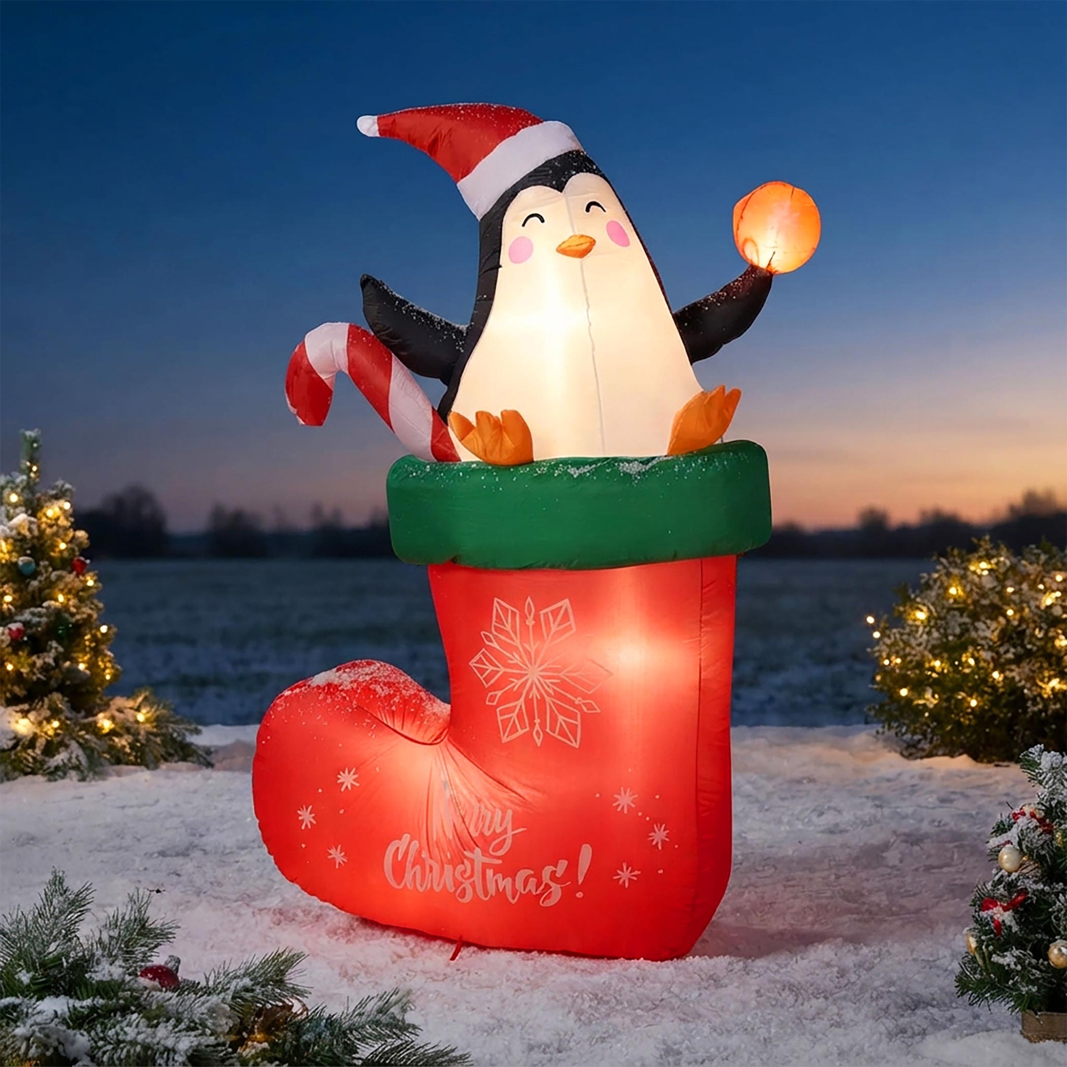 Aufblasbarer XL Nikolaus Stiefel mit LED Beleuchtung - 178 x 110 cm - Riesen Weihnachts Socke mit Pinguin selbstaufblasend mit bunten LEDs für Außen und Innen
