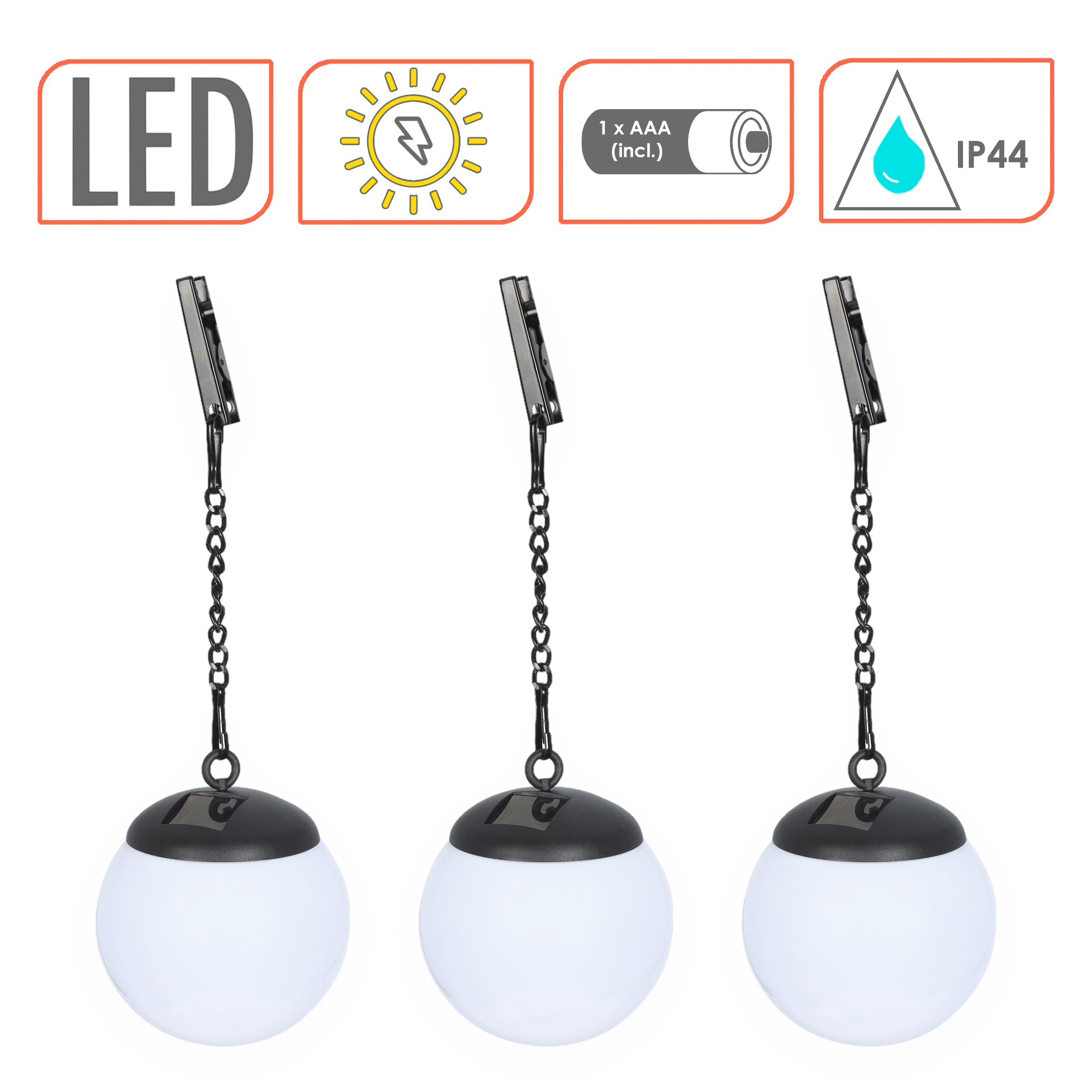 LED Solar Leuchtkugel weiß zum Hängen 29 x 10 cm - 3er Set - Garten Hängeleuchte warm weiß mit Metallkette