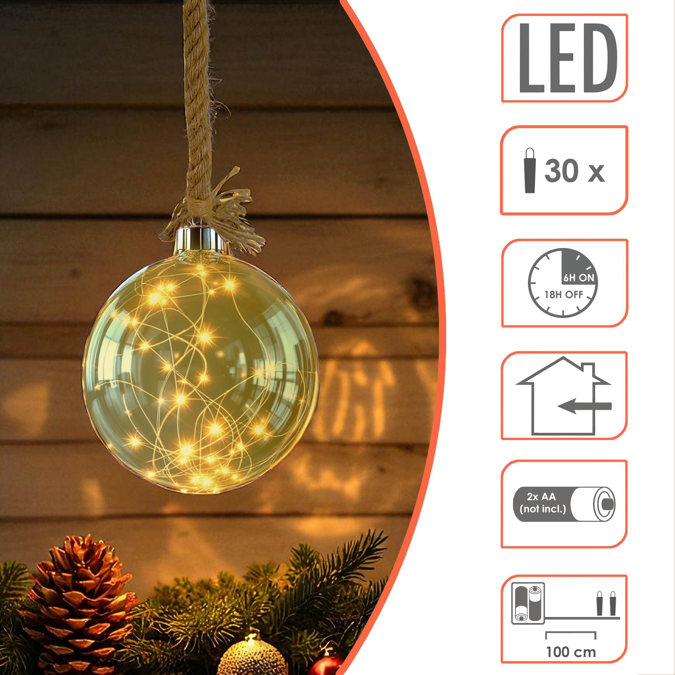 LED Glaskugel mit Tau zum Hängen mit Timer - Ø 14 cm - Dekohänger warm weiß beleuchtet Batterie betrieben